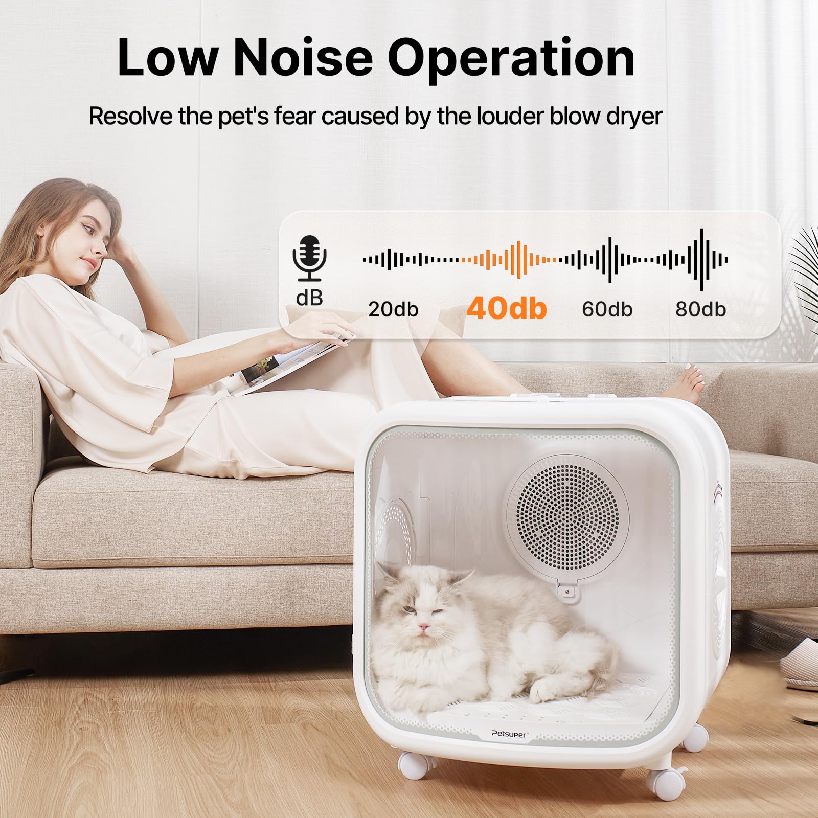Petsuper quiet motor highlight shows 40 dB operation for peaceful home evenings