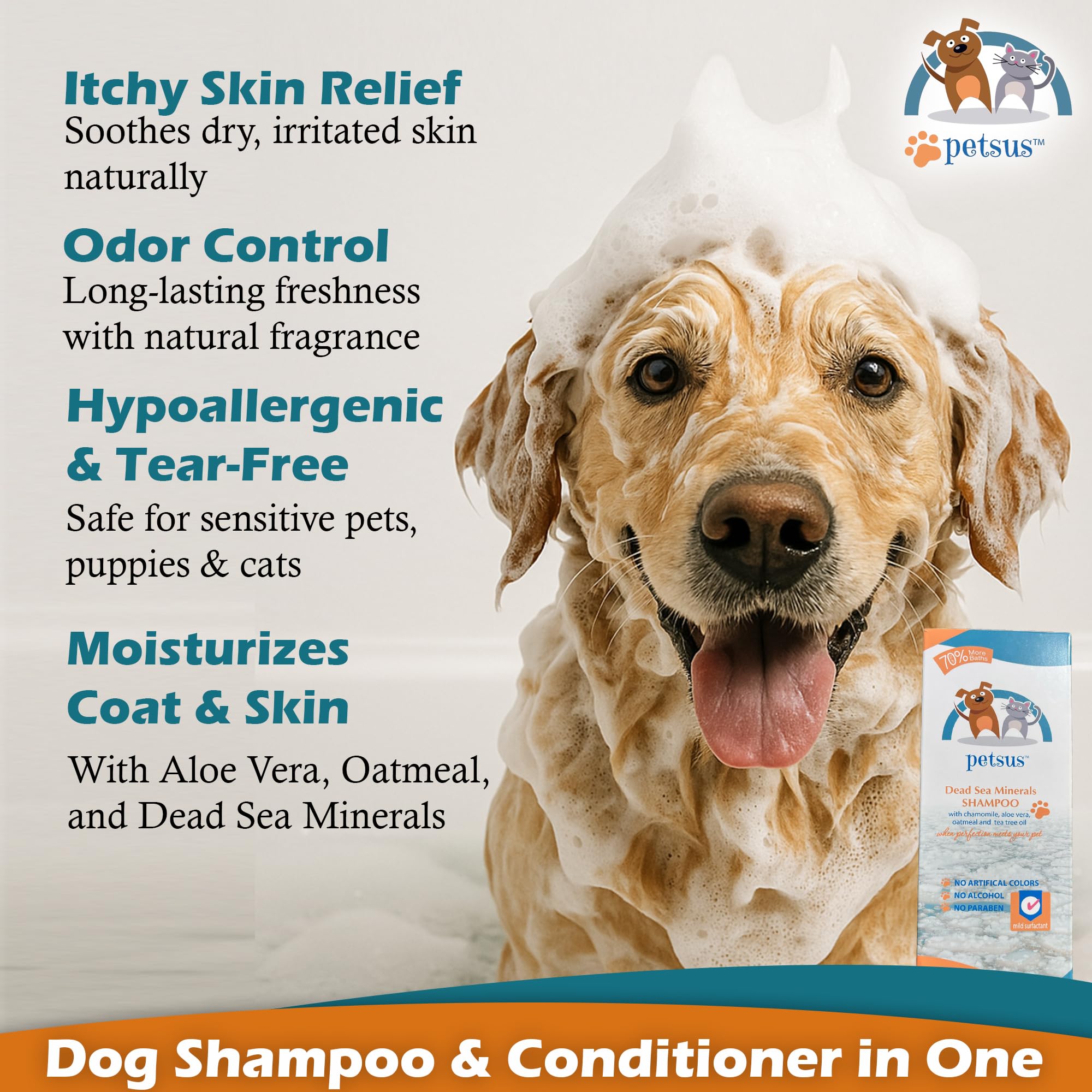 Petsus Deodorizing coat wash gloss shows hydrated skin and softer fur.