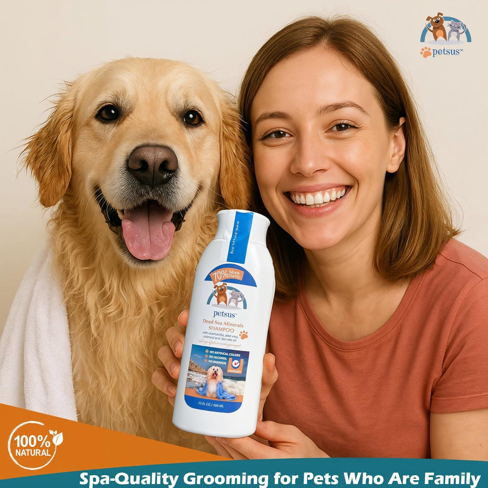 Petsus Plant-based formula label emphasizes paraben-free and sulfate-free care.