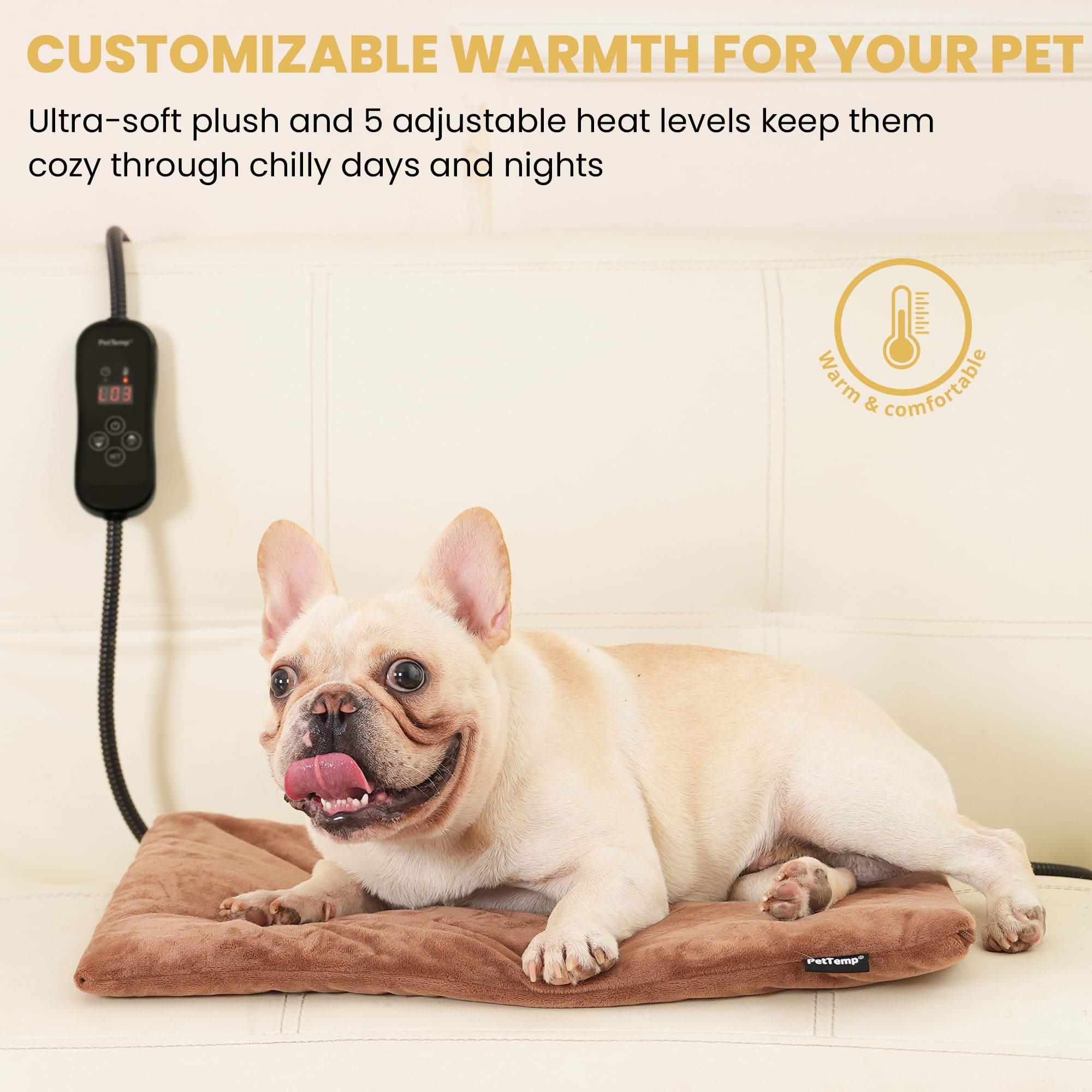 PetTemp heating pad with five heat levels for customizable comfort