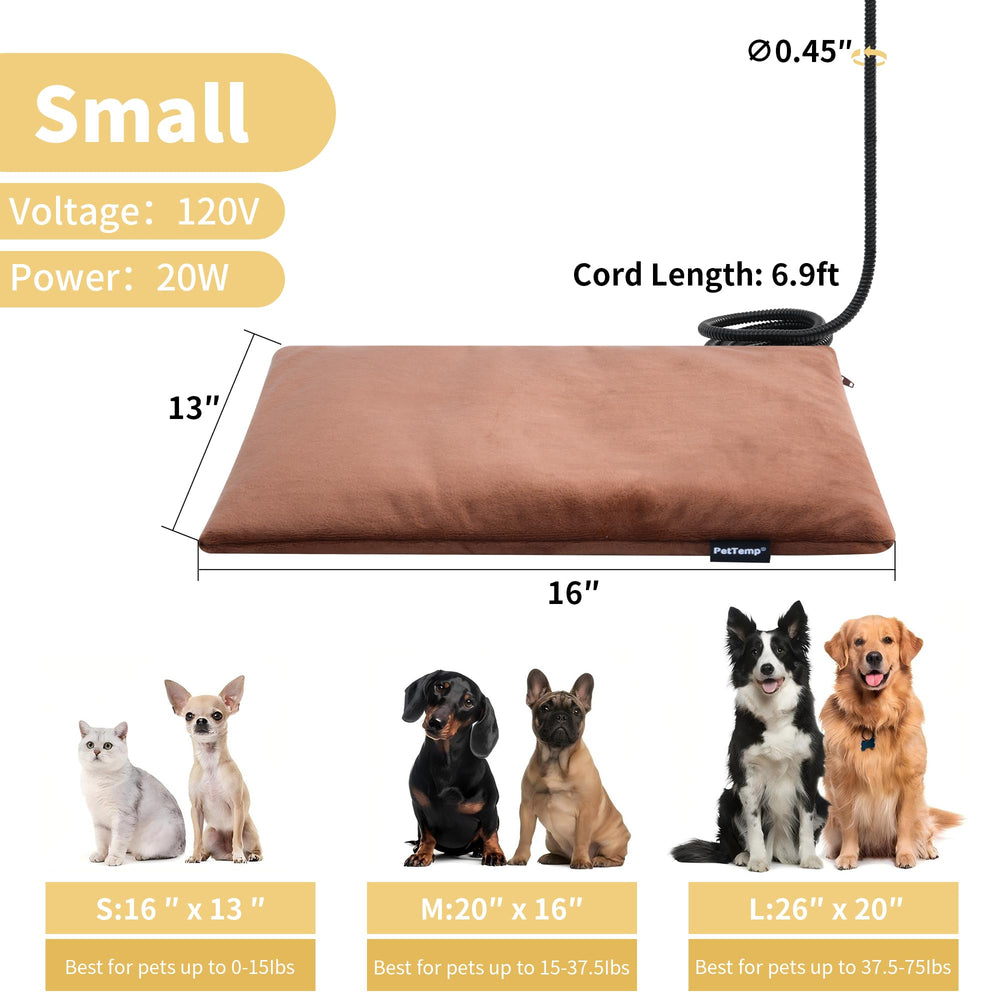 PetTemp heating pad brown 16x13-in fits beds and crates.