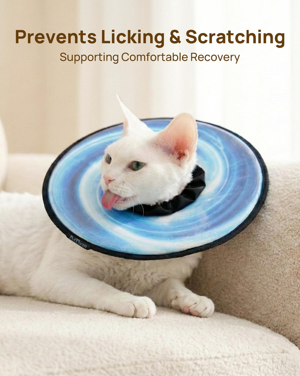 PetThem adjustable-fit cat cone collar showing S and M sizes for precise recovery wear.
