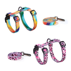 PetThem cat harness in yellow and pink worn for secure, comfortable walking