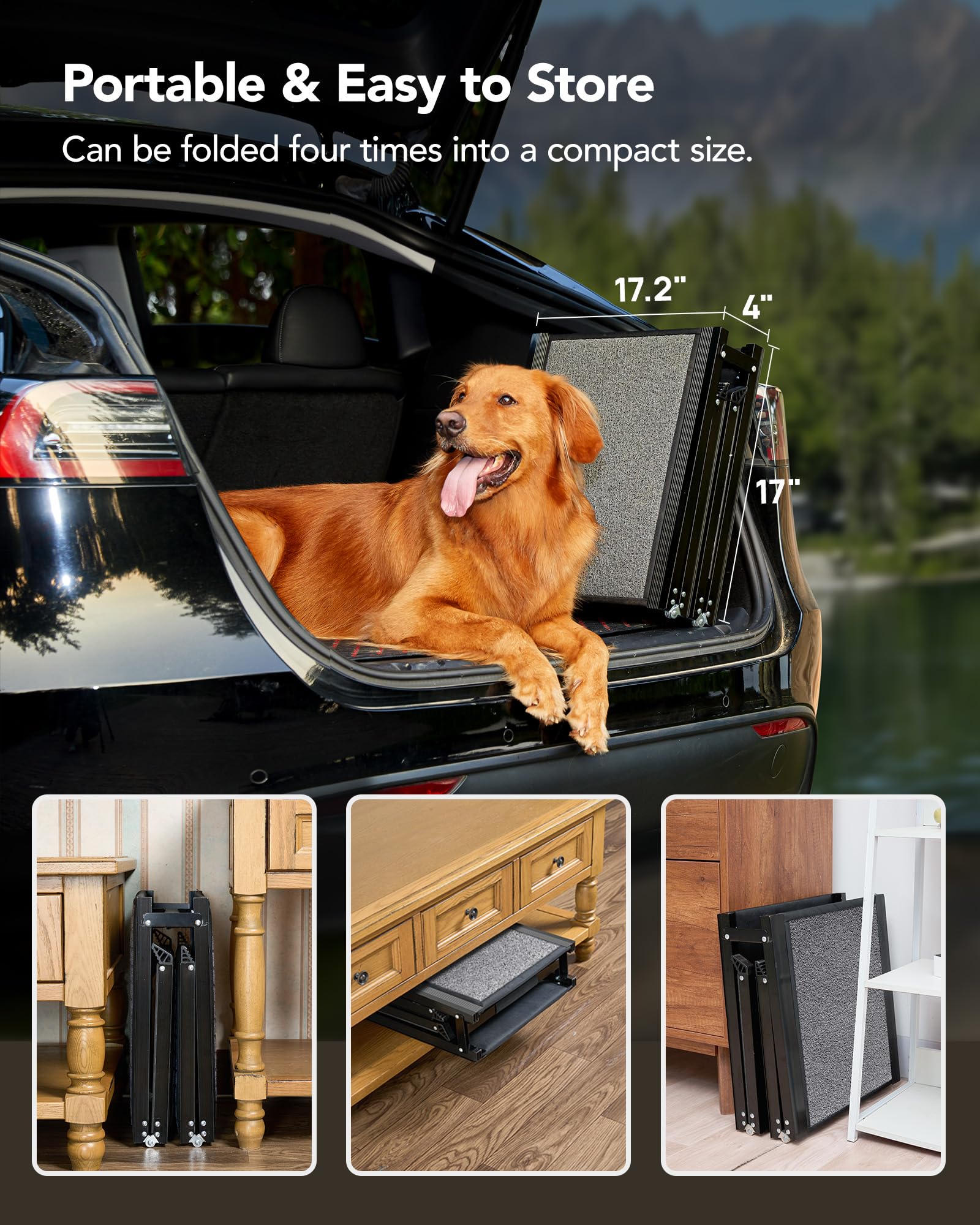 PetThem dog ramp supports up to 250 pounds for bigger dogs.