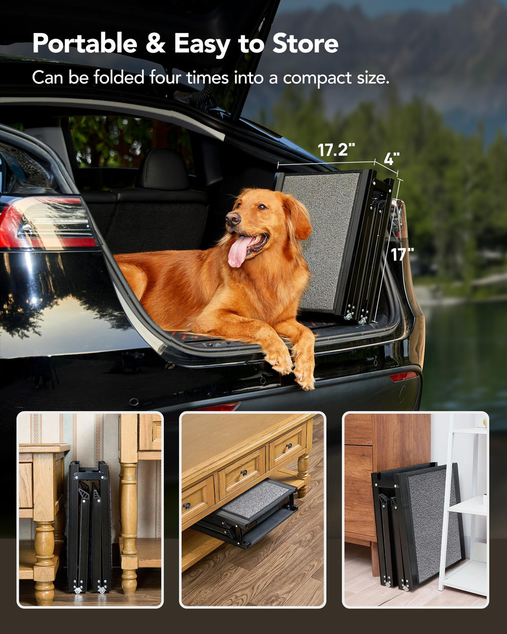 PetThem dog ramp supports up to 250 pounds for bigger dogs.