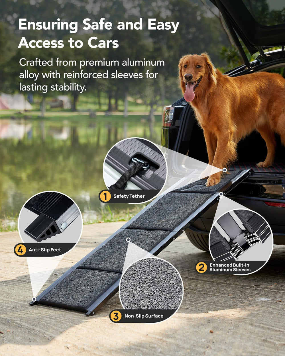 PetThem aluminum ramp supports up to 250 lbs with reinforced sleeves