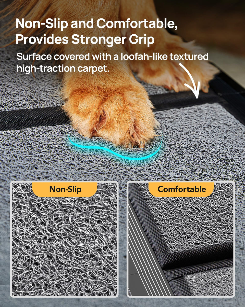 PetThem ramp with non-slip Loofah-textured surface improves traction in any weather