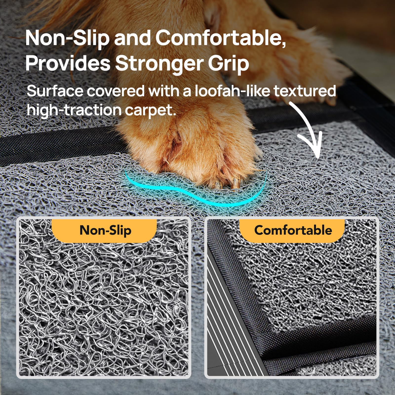 PetThem ramp's sturdy aluminum construction supports up to 250 pounds