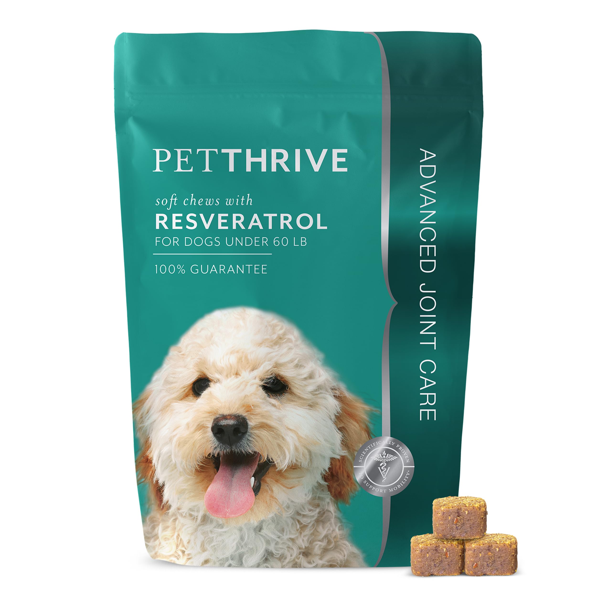 PetThrive dog hip joint soft chews with bacon flavor for small breeds, supporting mobility.