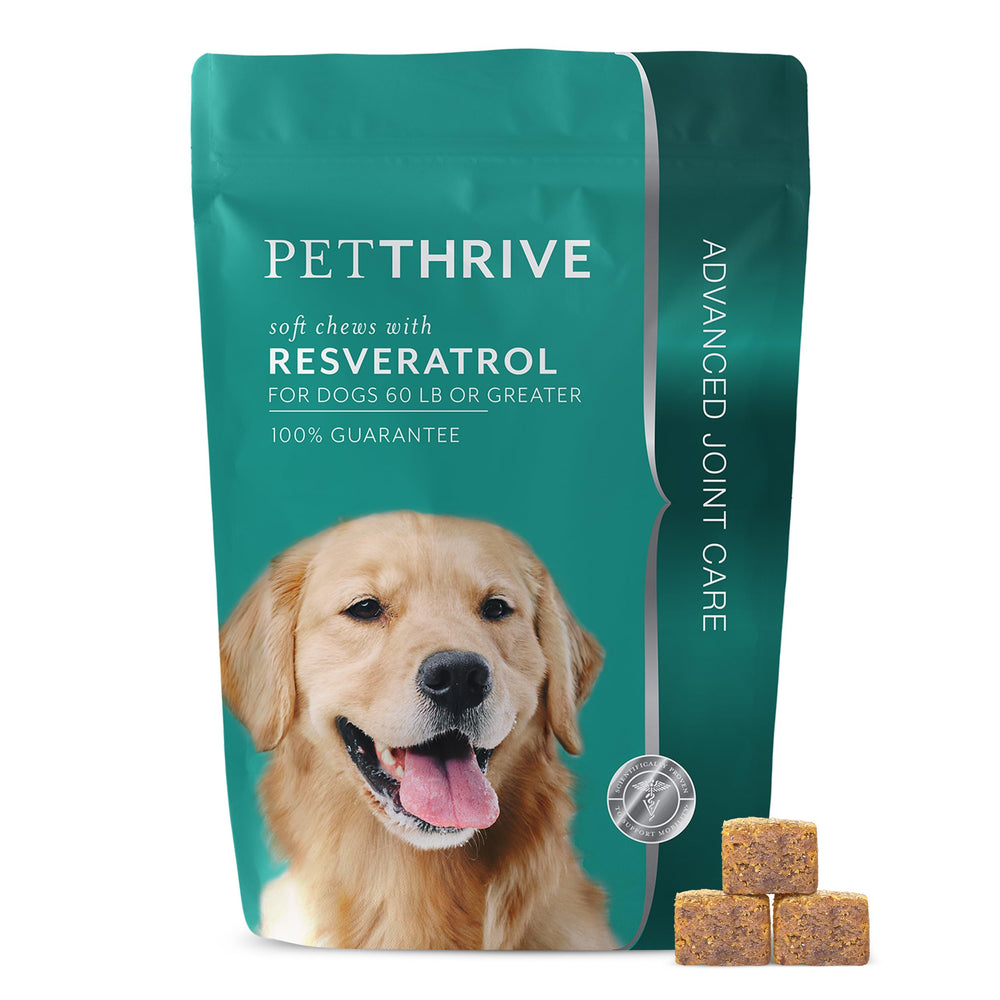 PetThrive dog hip joint soft chews bacon flavor bottle highlights mobility.