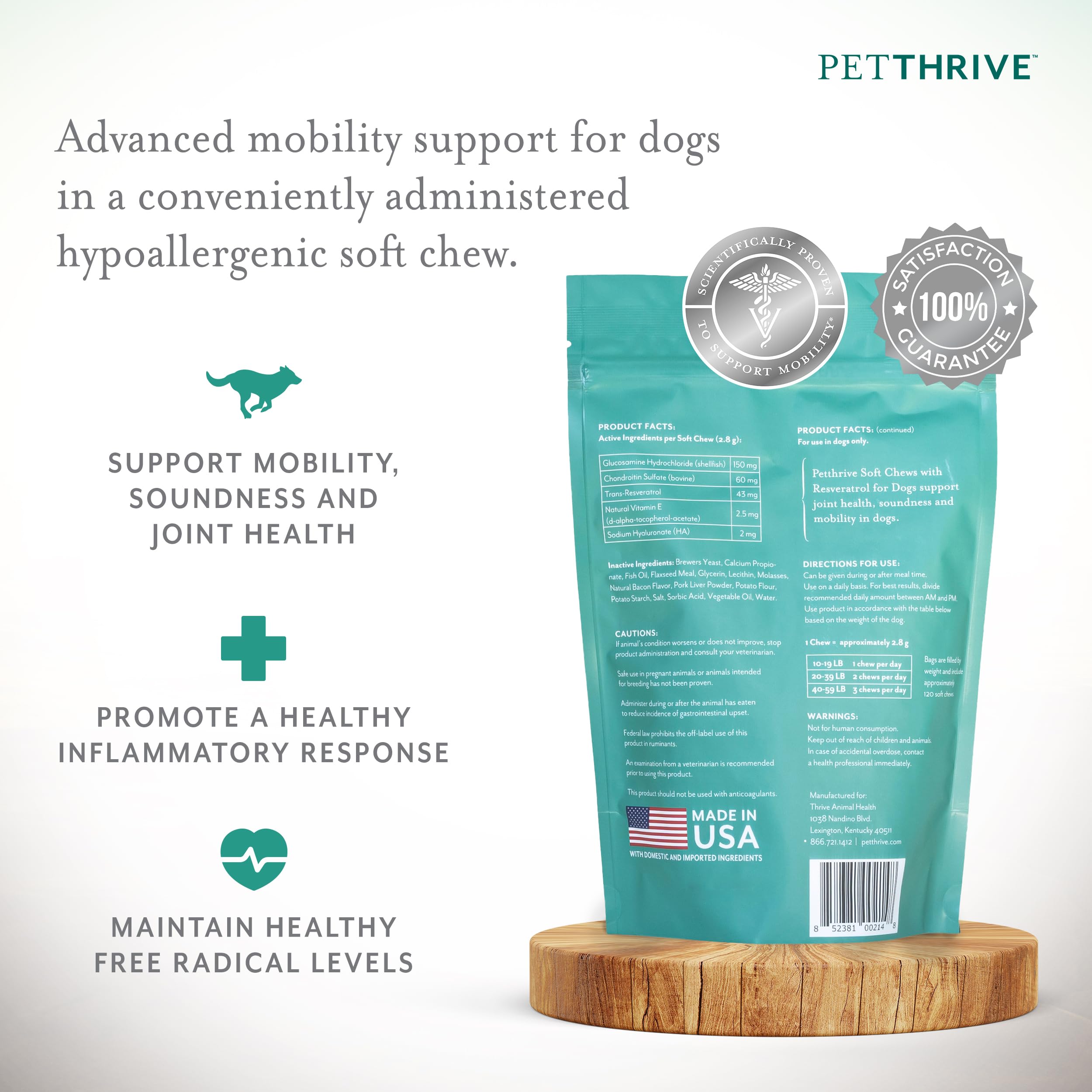 PetThrive bacon flavored chews close up, highlighting palatability and joint support.