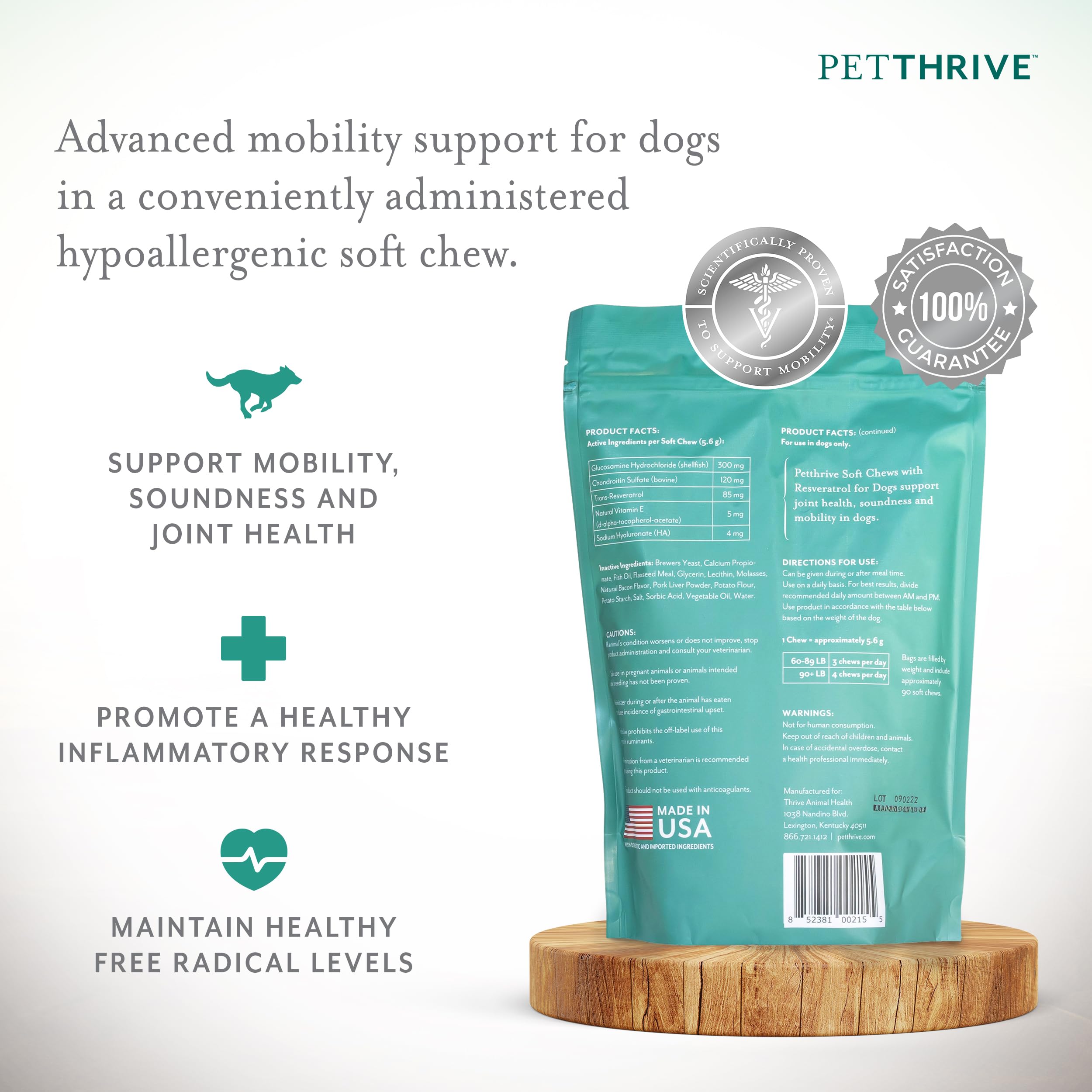 PetThrive dog hip joint soft chews bacon flavor closeup shows tasty support.