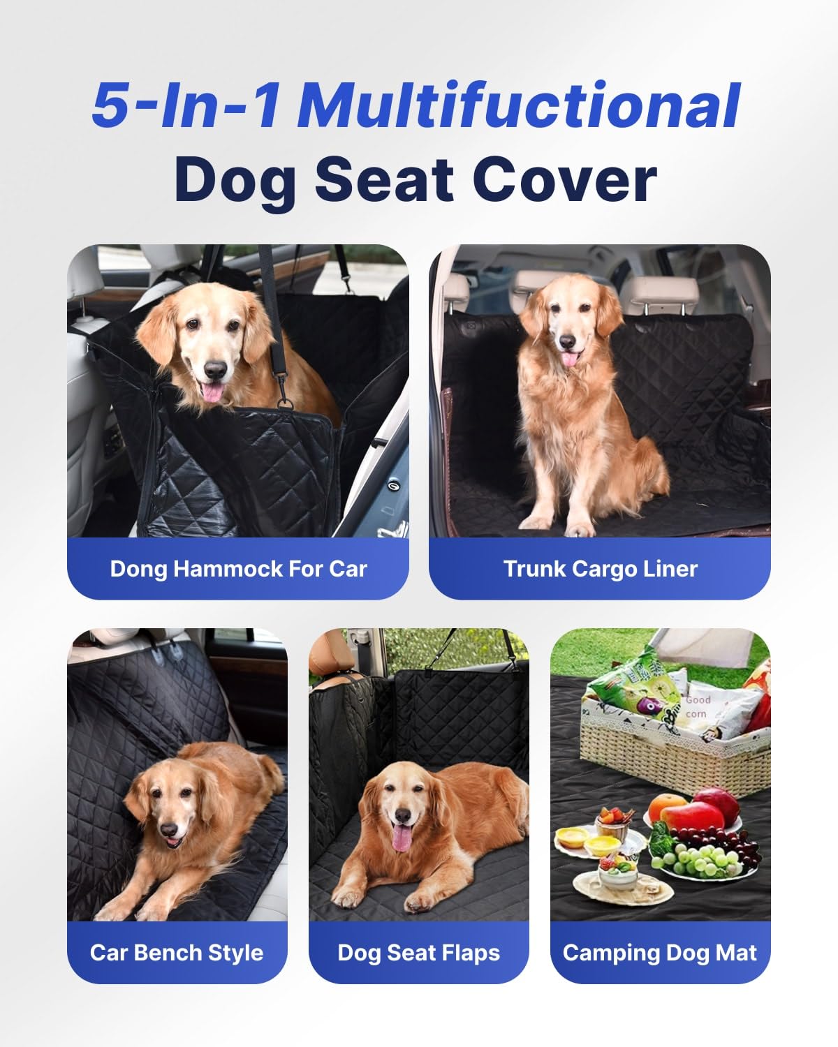 Pettycare 5-in-1 seat cover adapts as hammock, bench, trunk liner, a camping mat