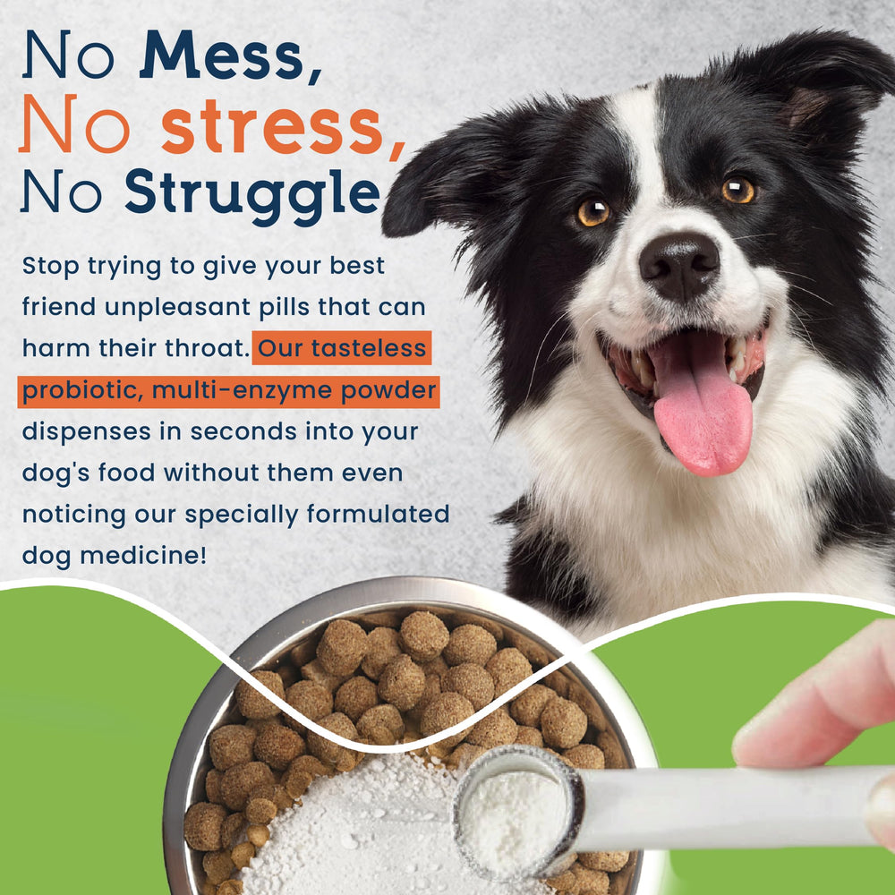 Pet Ultimates powder being poured for canine digestive comfort and nutrient absorption.