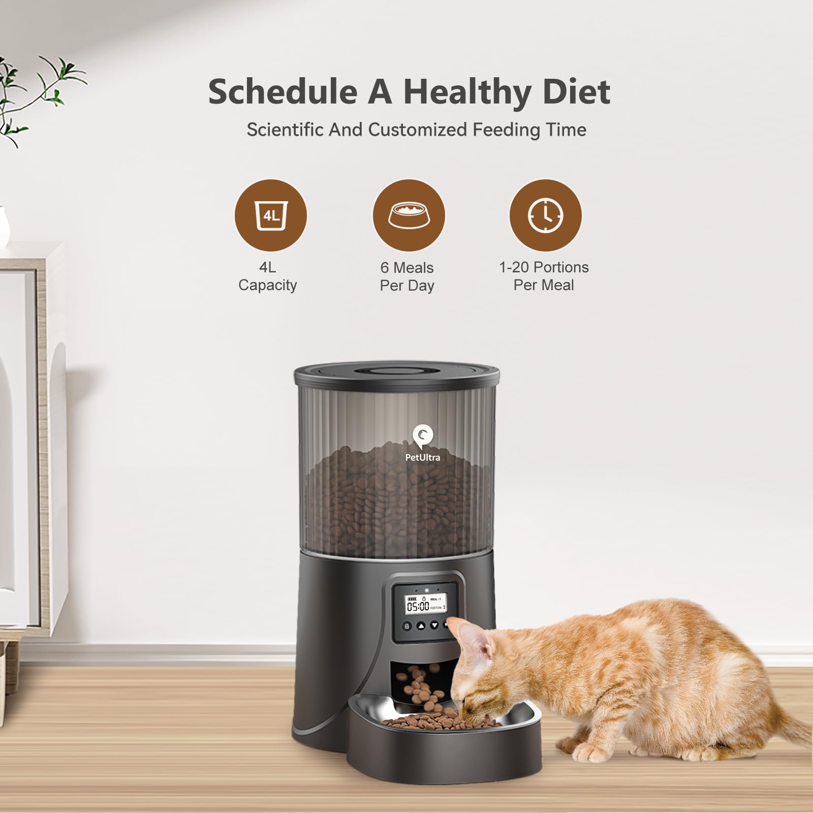 PETULTRA timer-display image showcases precise scheduling for six daily meals.