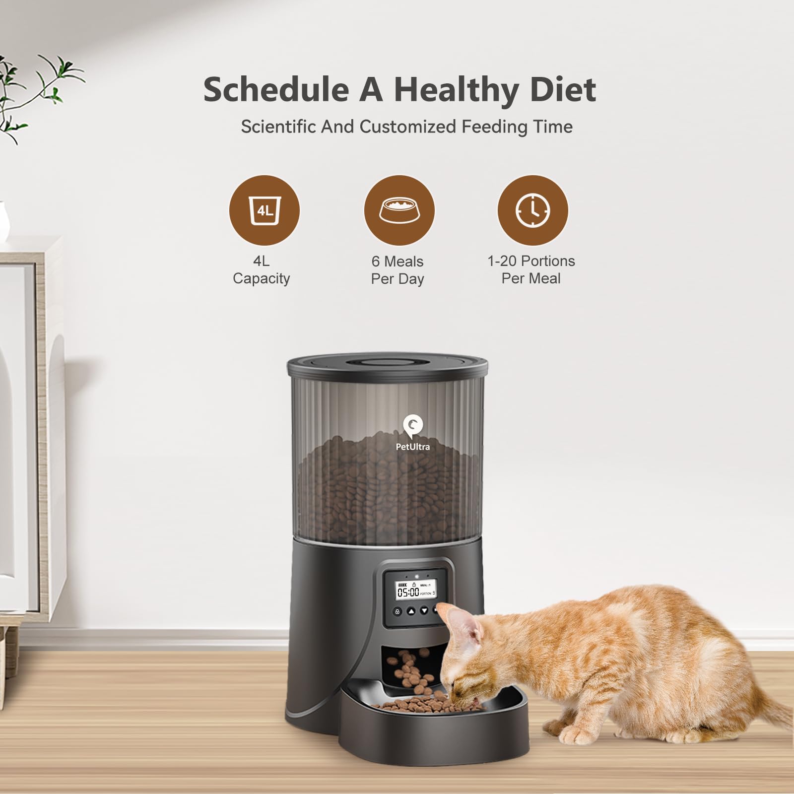 PETULTRA cat feeder with dual power supply keeps meals on schedule.