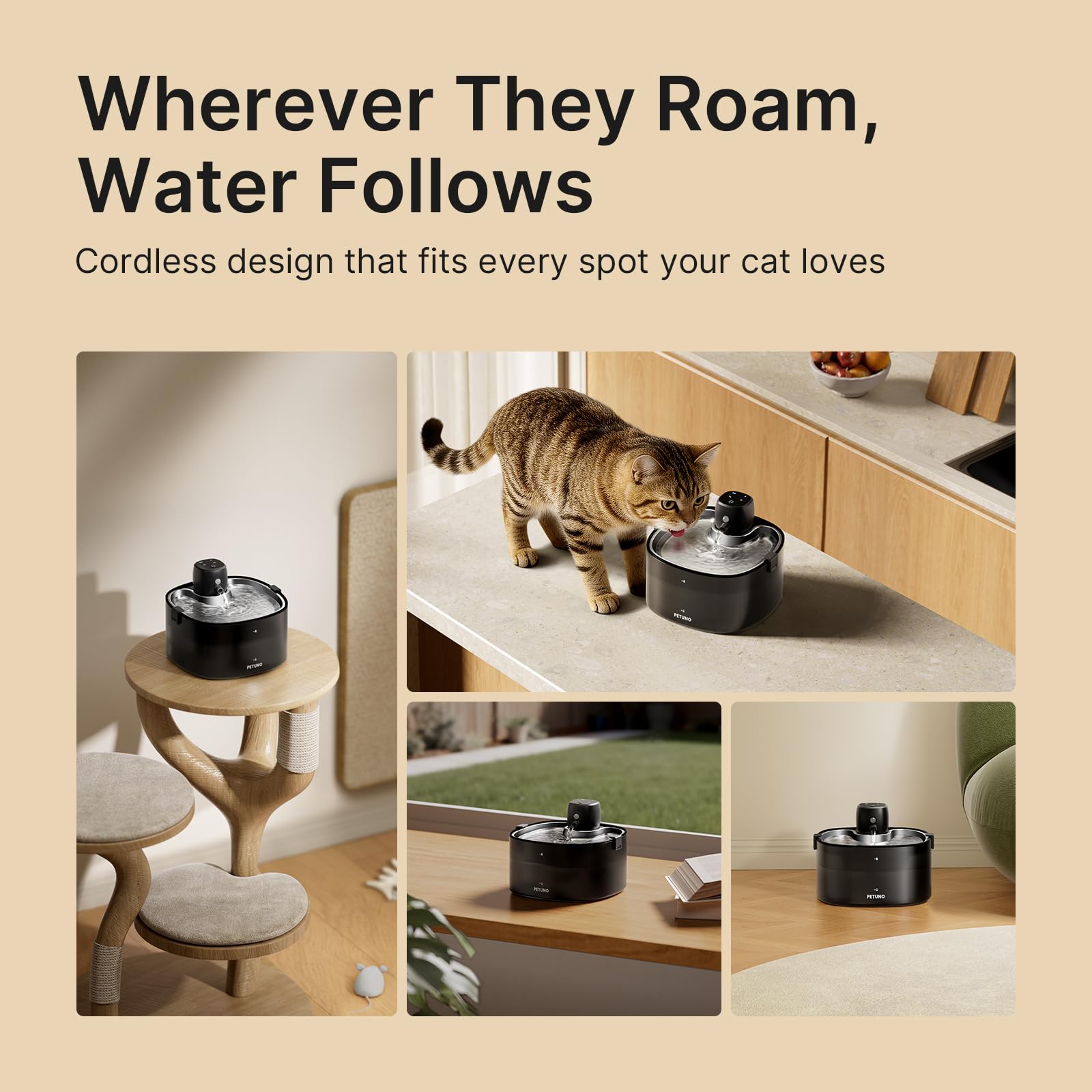 PETUNO cat water fountain locking lid demonstrating spill-proof design for busy homes