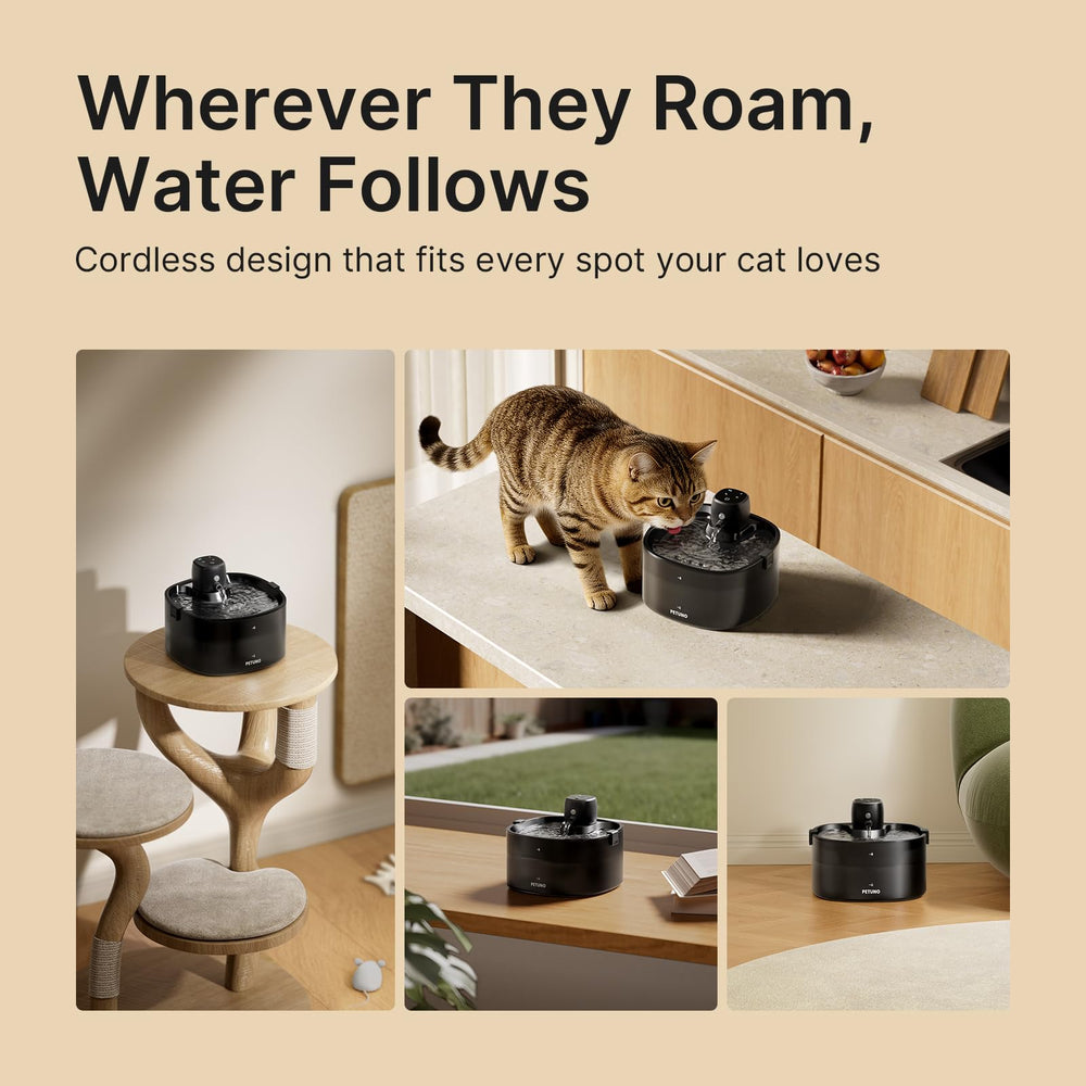 Detachable 4000mAh battery powers the fountain without cords.