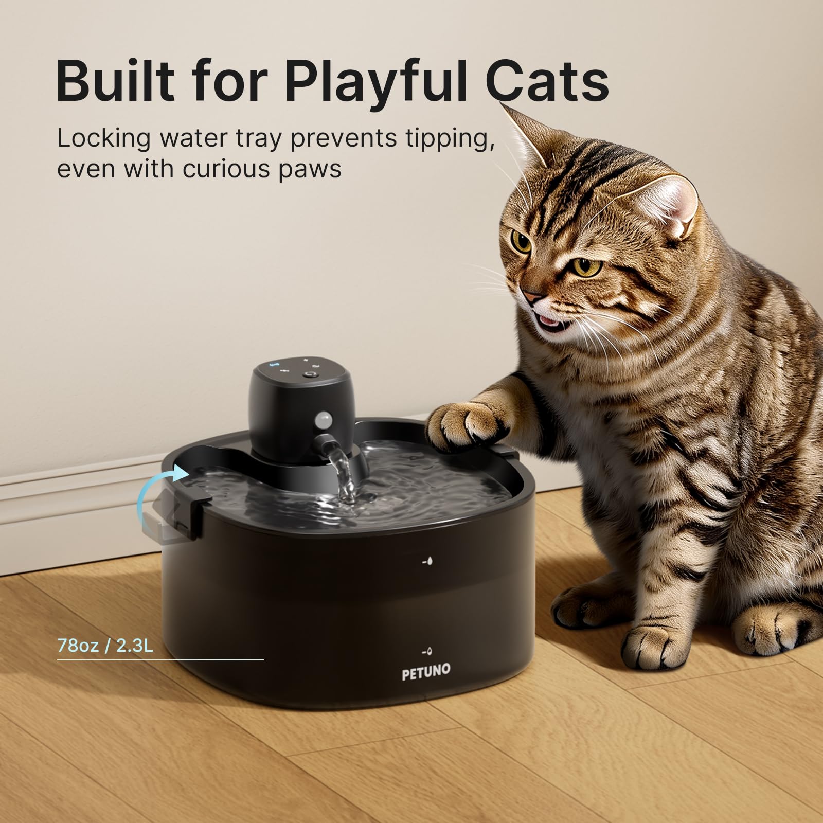 Locking lid guards against spills and curious paws.