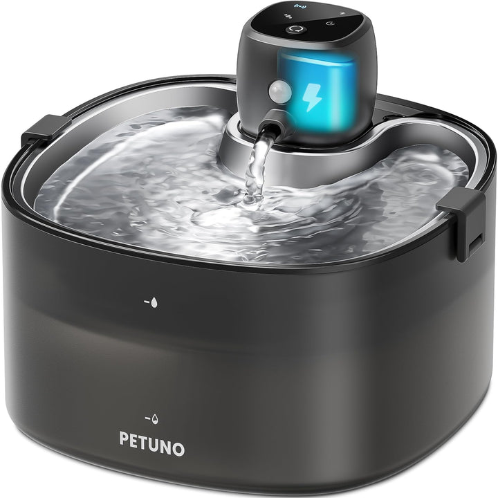 PETUNO wireless cat water fountain front view showing cordless placement for flexible use