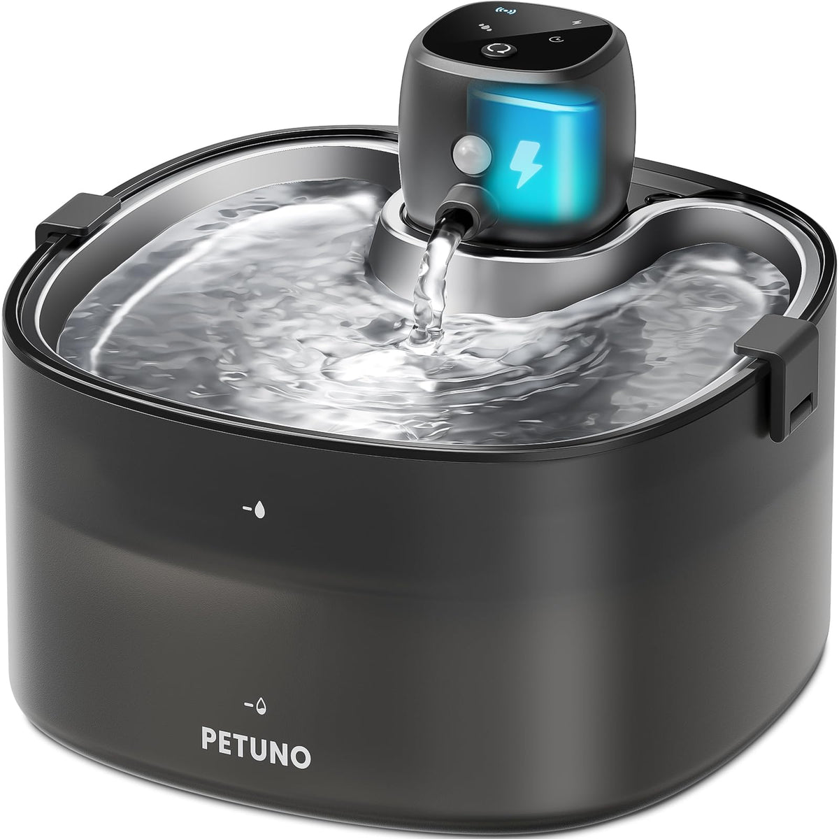 PETUNO wireless cat water fountain front view showing cordless placement for flexible use