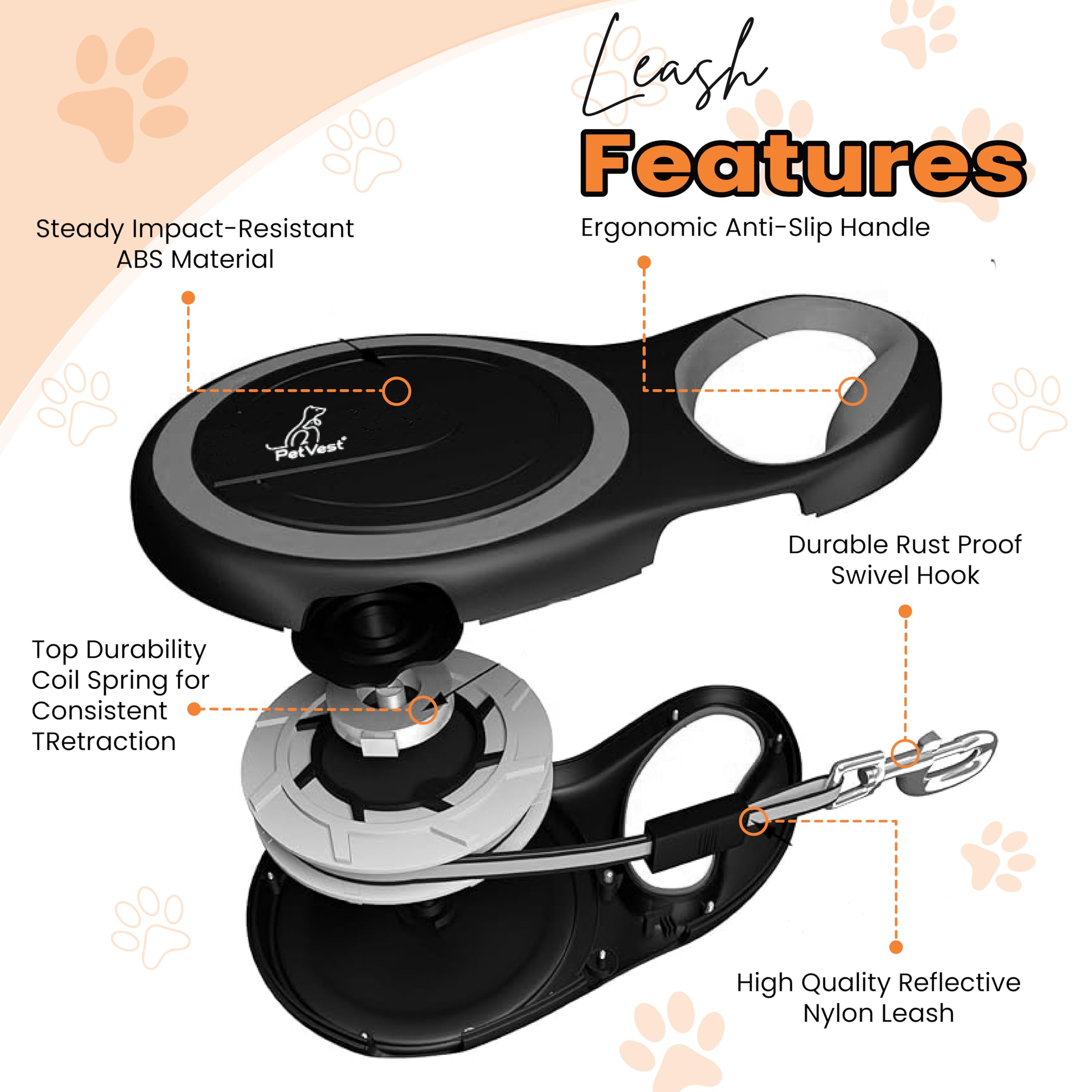 PetVest leash supports small to X-large dogs up to 110 lbs.