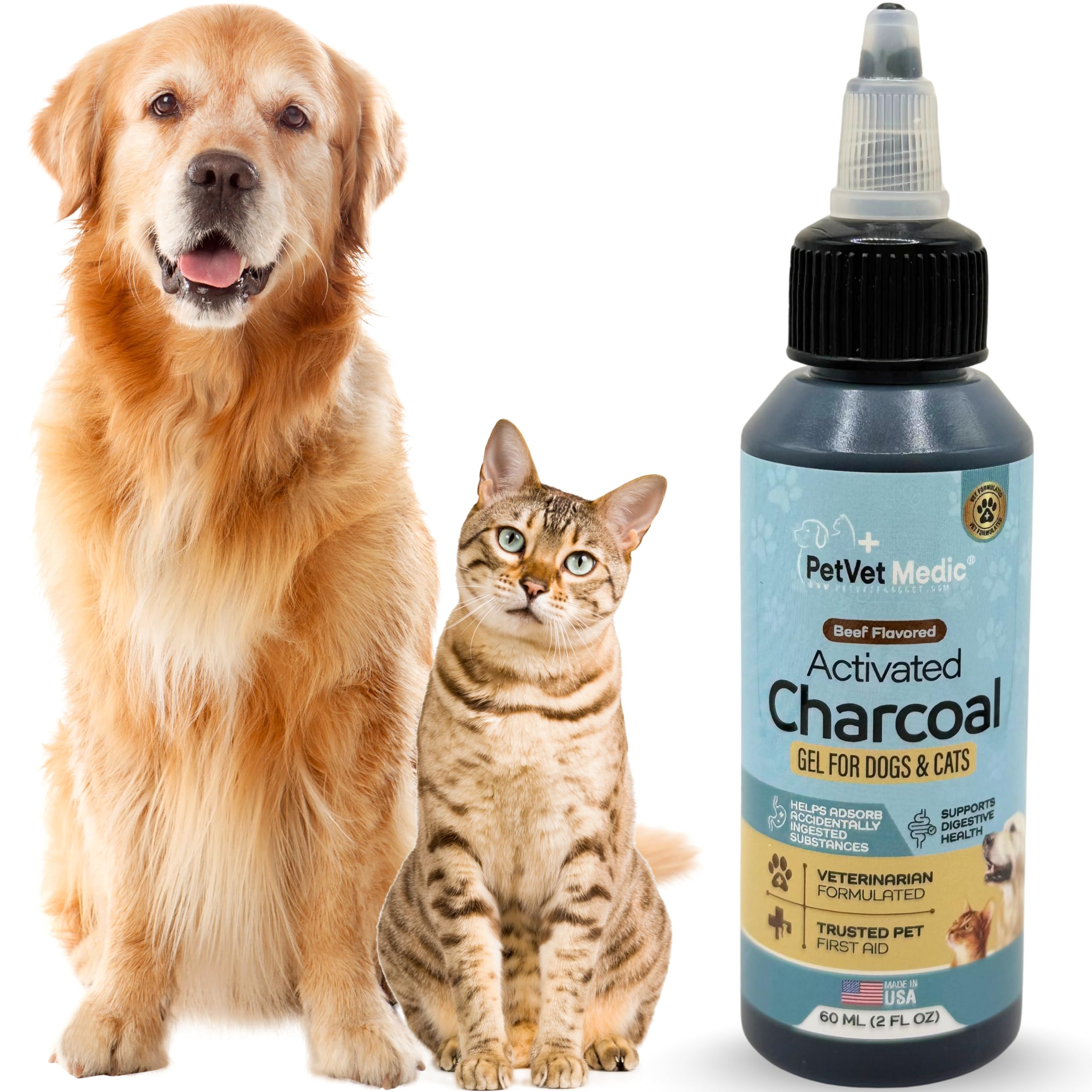 PetVet Medic bottle with beef-flavored charcoal gel for at-home pet first aid.
