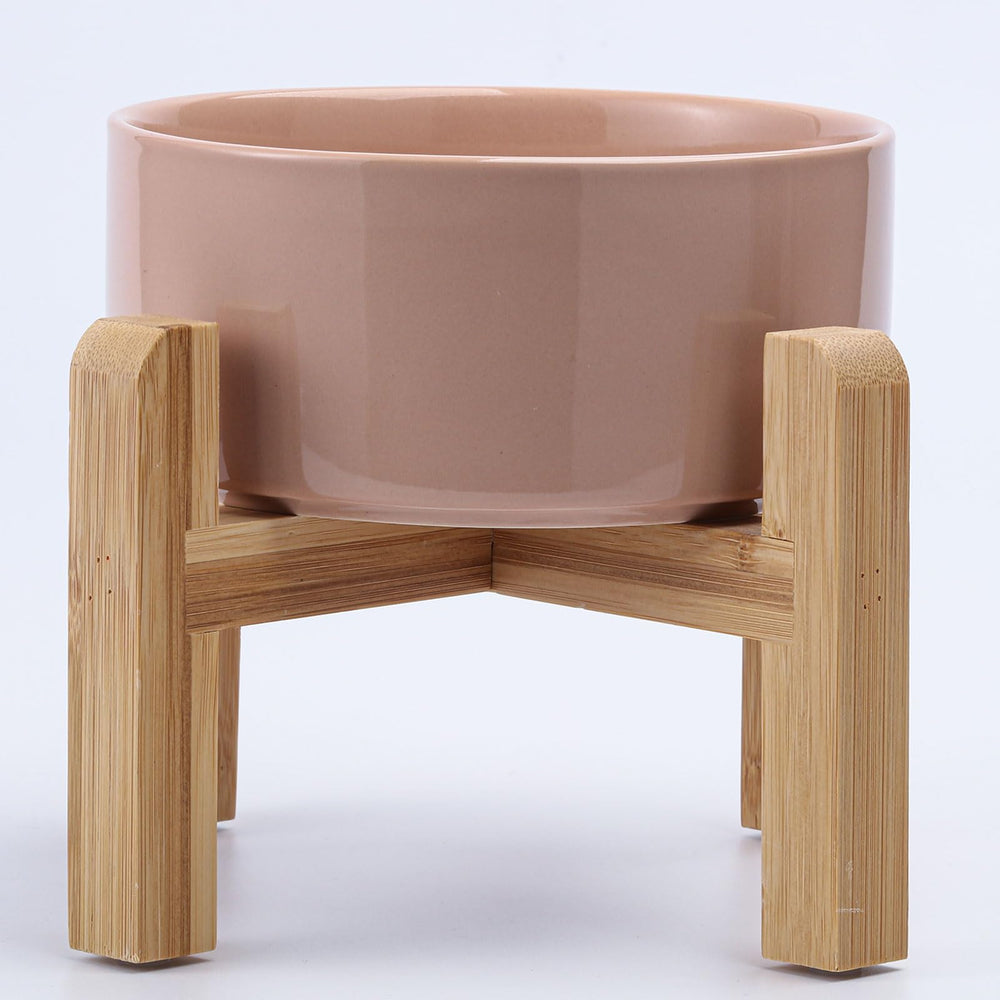 Petygooing khaki elevated bowl on wood stand, front view for small pets.