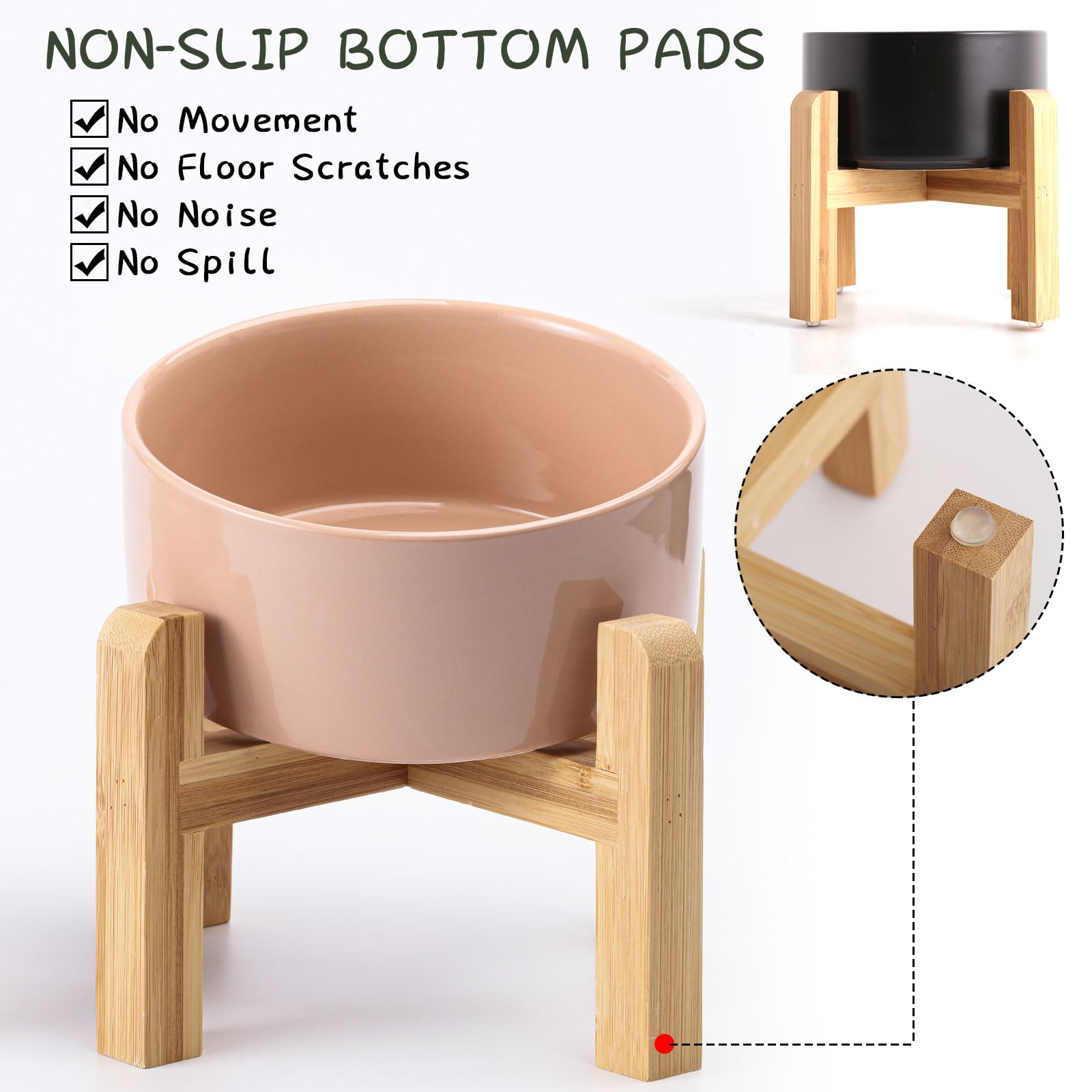 Petygooing khaki elevated bowl with wood stand, side view showing height options.