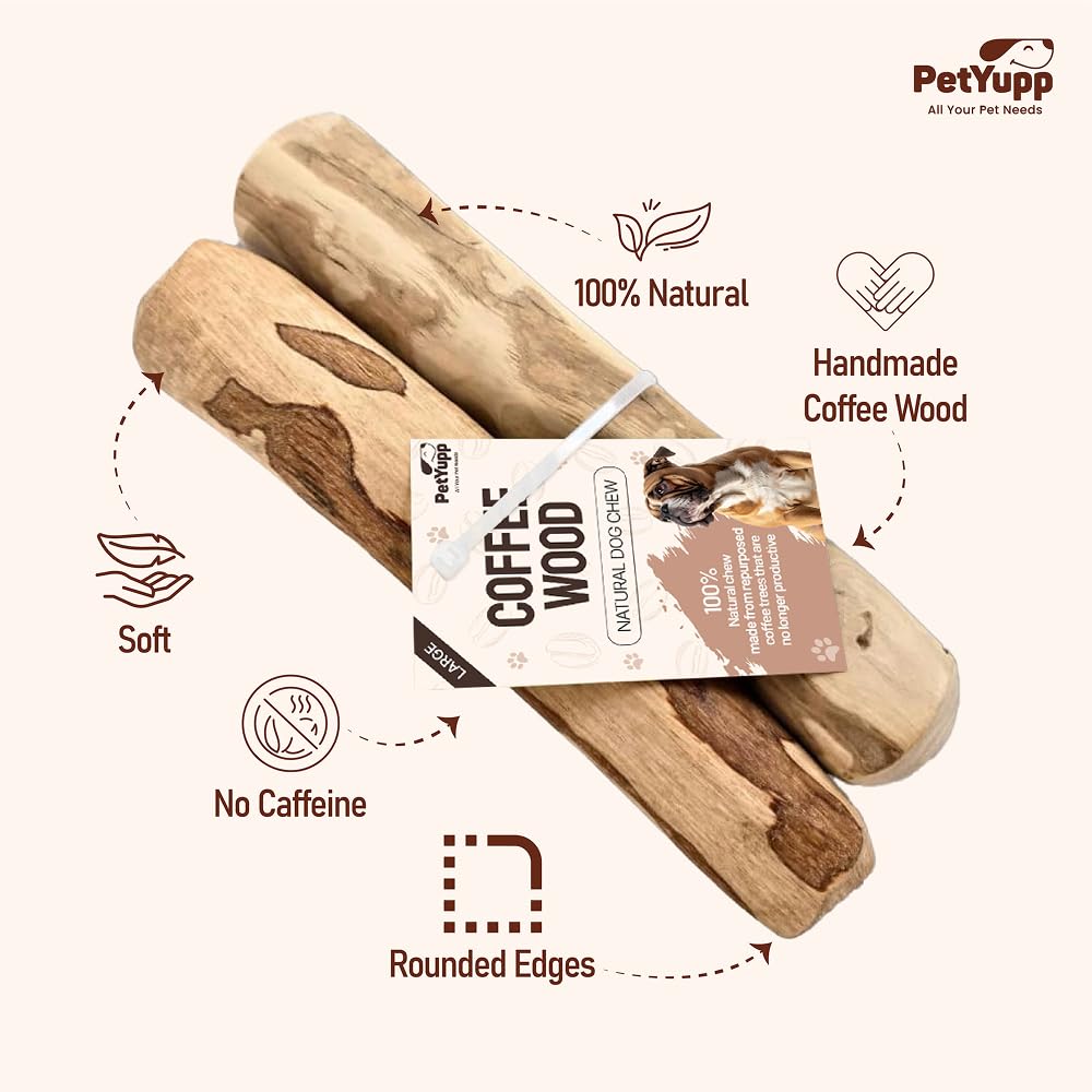 PetYupp coffee wood dog chew stick, durable for big dogs, daily enrichment.