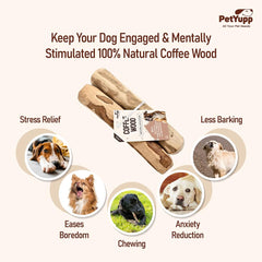 PetYupp coffee wood large chew stick, caffeine-free and safe for daily chewing.