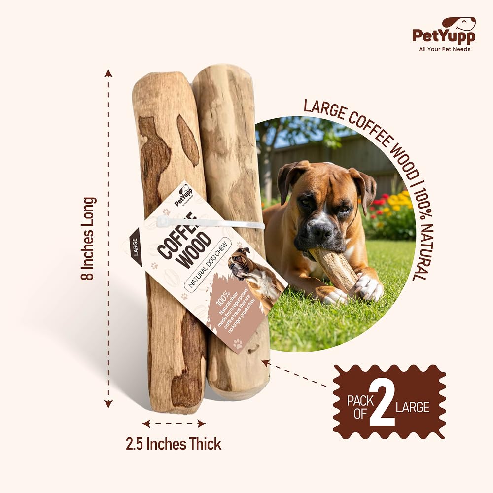 PetYupp coffee wood chew stick, helps promote natural chewing for bigger breeds.