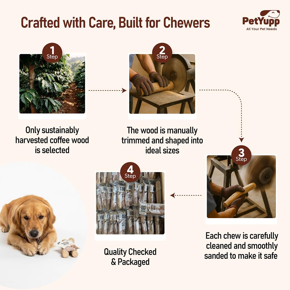PetYupp two-pack coffee wood sticks support daily enrichment for labs and shepherds.