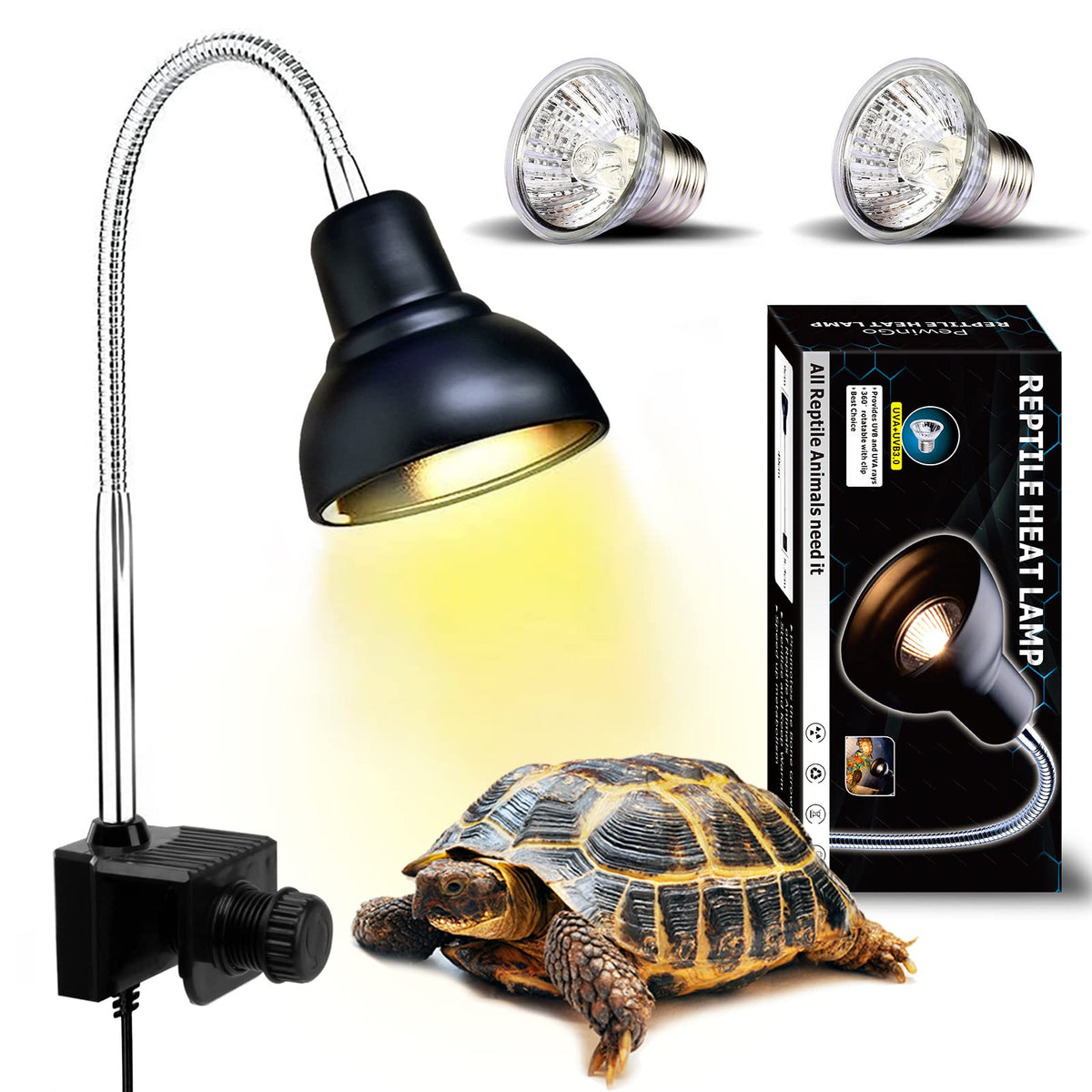 PewinGo reptile heat lamp with 360° clip for flexible mounting and precise basking spots.