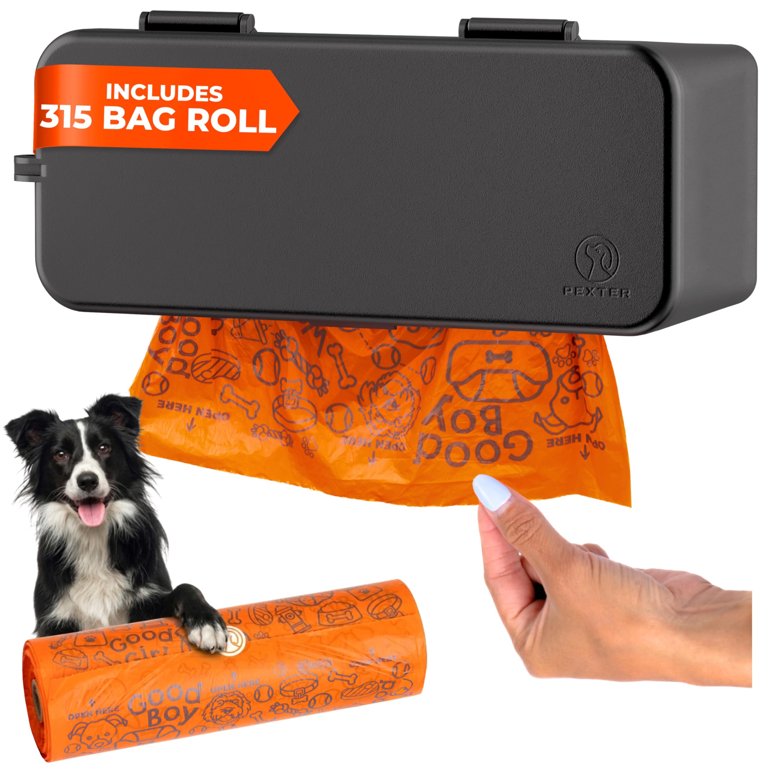 PEXTER large-roll poop bag dispenser mounted on wall for quick bag access.