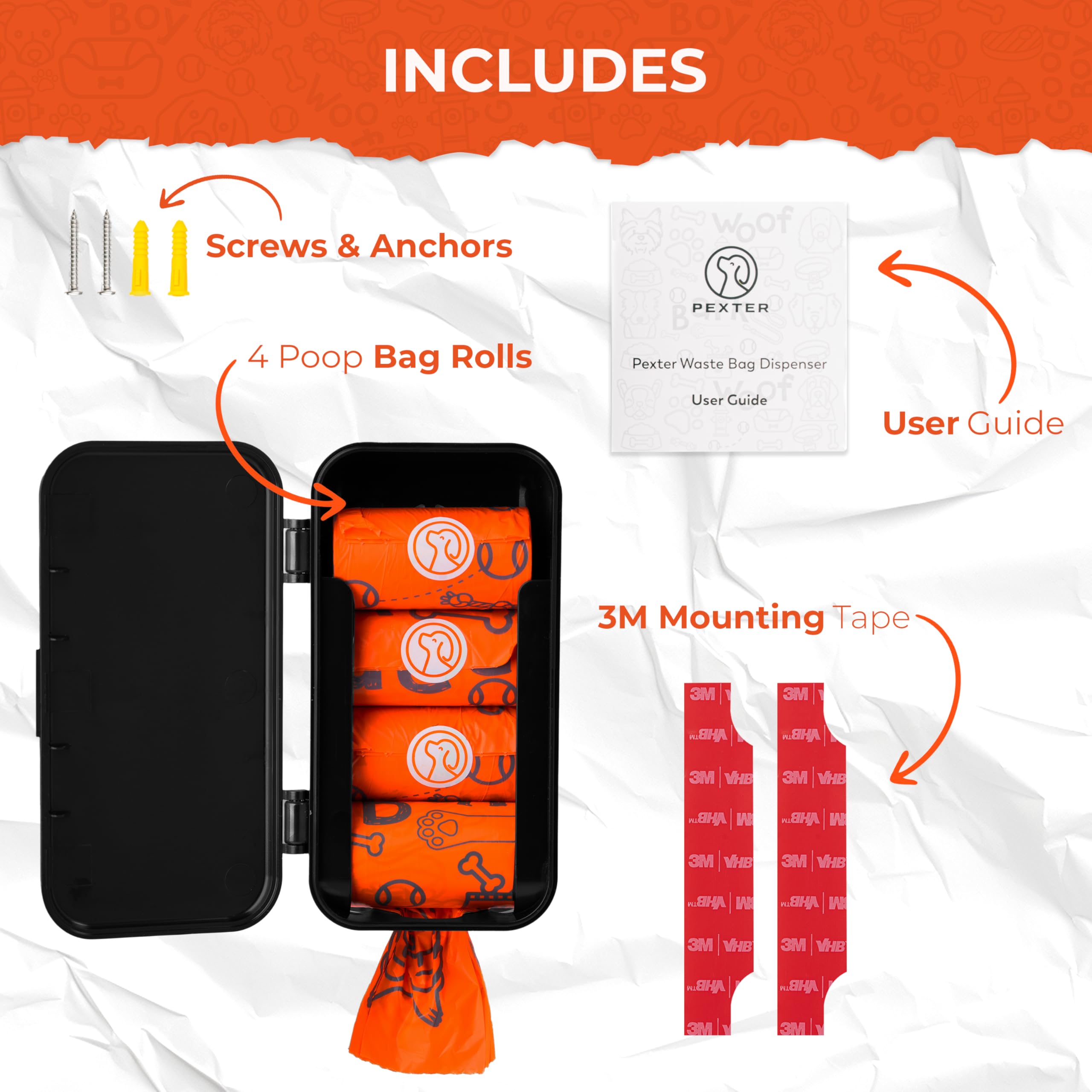 PEXTER stick-on mount shown with adhesive strips for smooth surfaces.