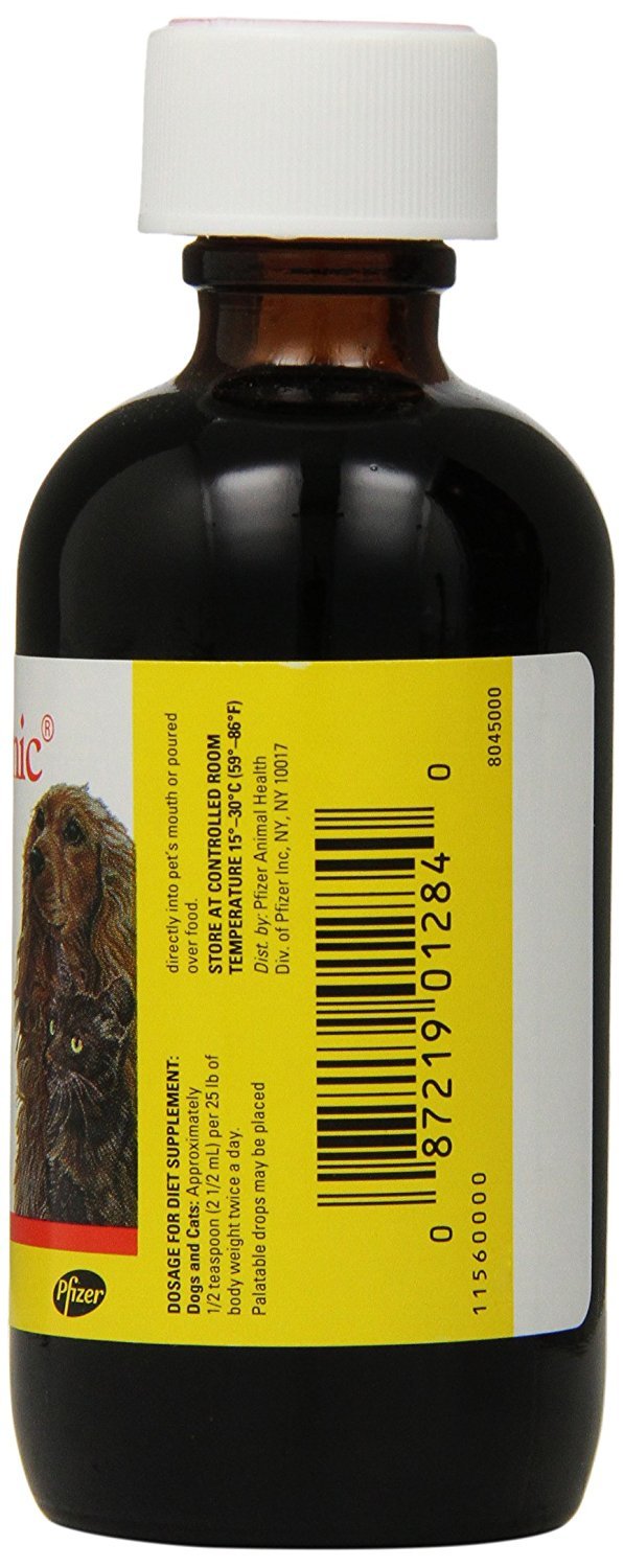 Close-up of Pfizer Animal Pet Tinic label highlighting nutrients