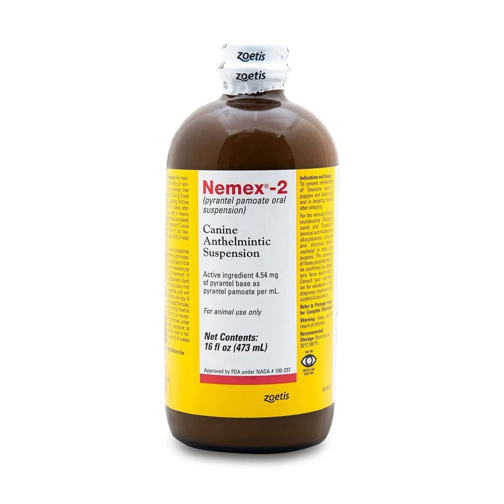 Pfizer Nemex bottle pour—easy, ready-to-dose canine deworming suspension for dogs.