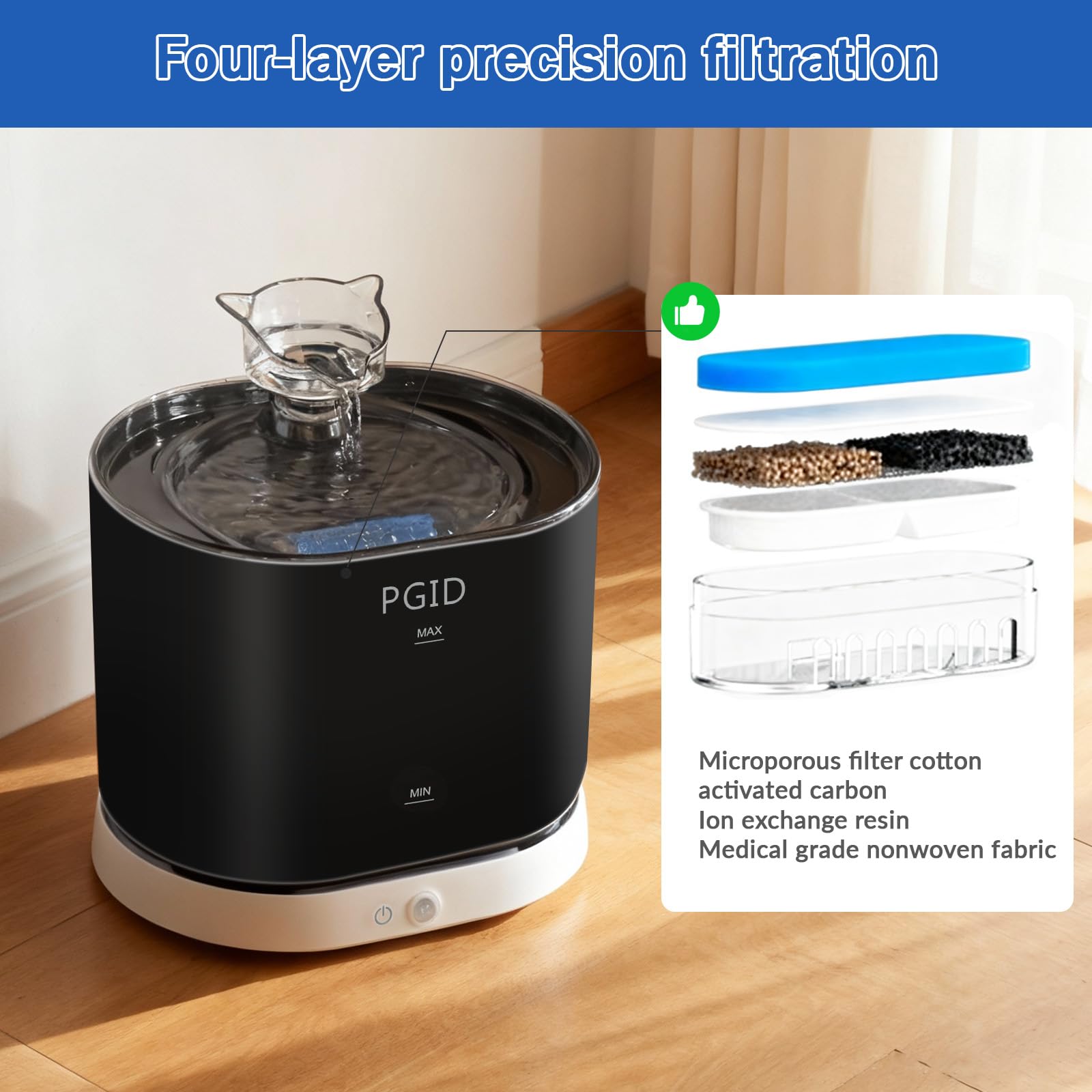 PGID five-layer filtration system ensuring clean water at each sip.