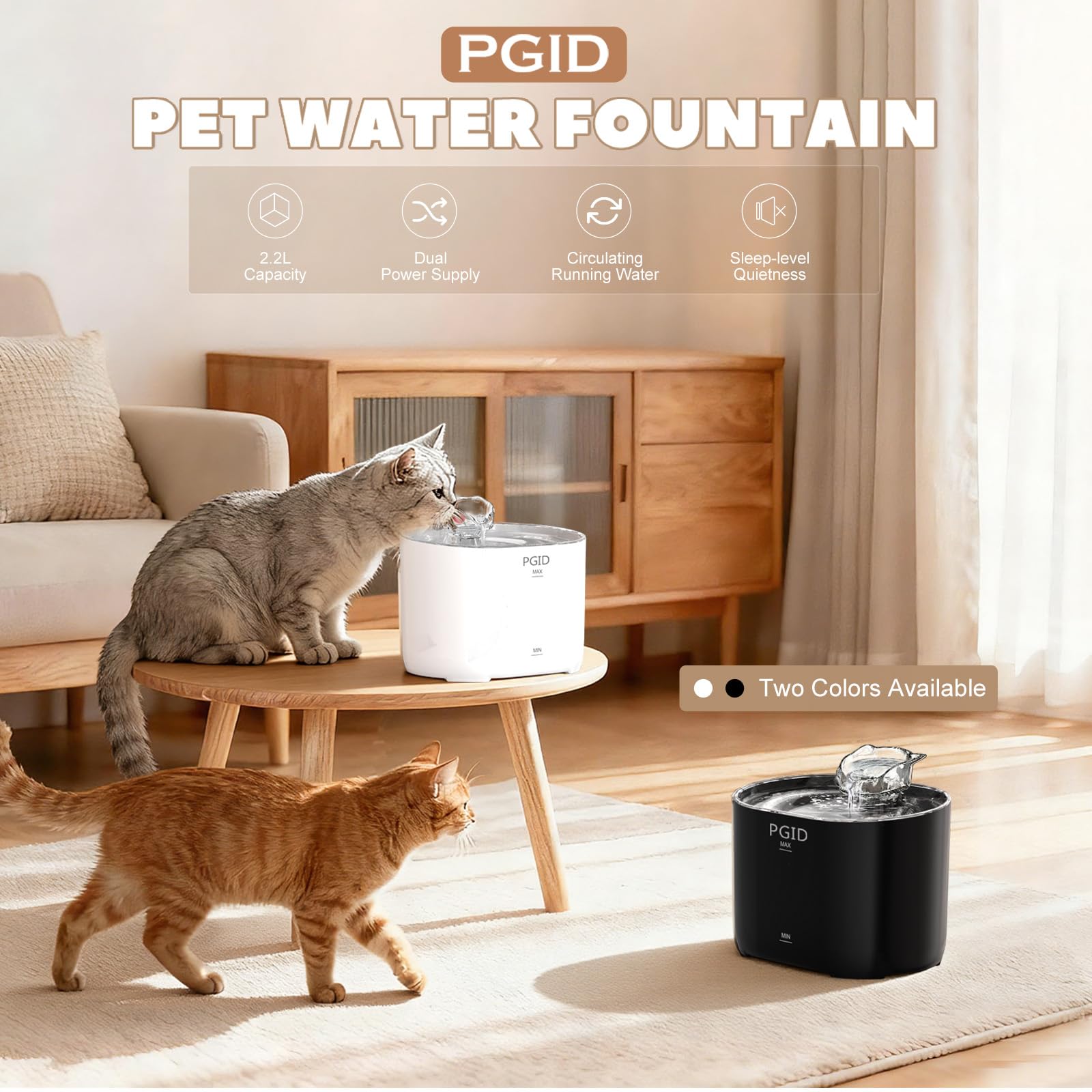 PGID cat fountain with 74oz capacity for extended hydration between refills