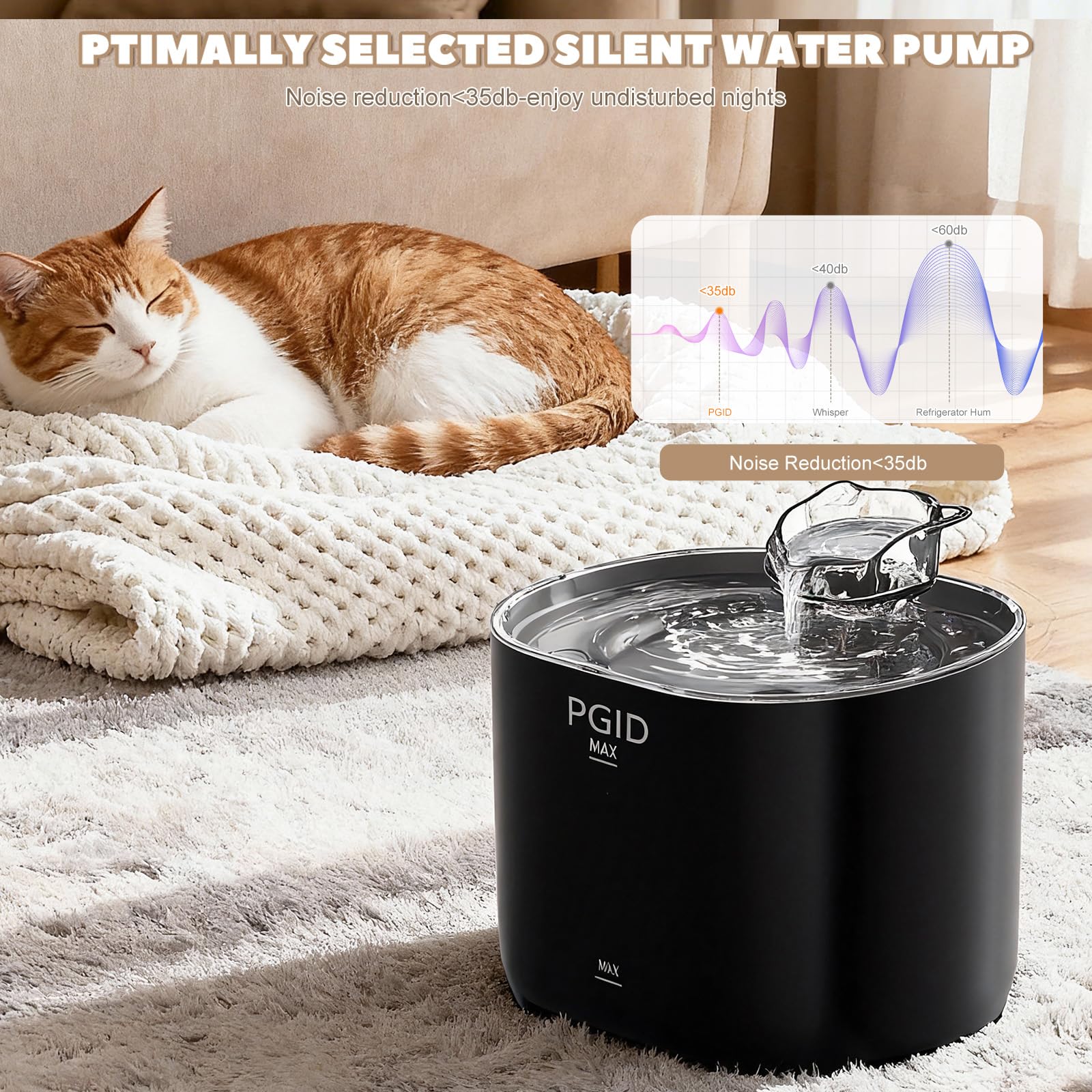 PGID cat fountain quiet 5V pump ensuring a peaceful home environment