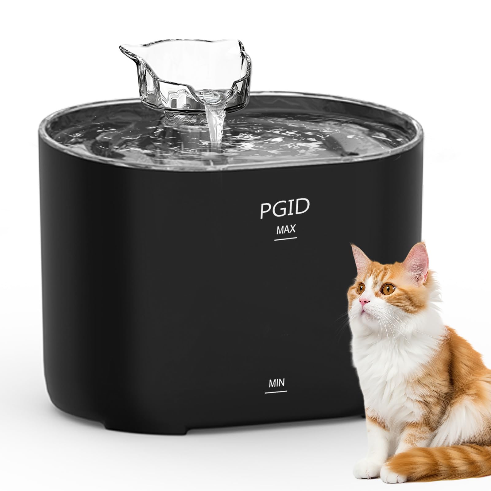 PGID cat fountain displaying water level window for easy monitoring and hydration checks