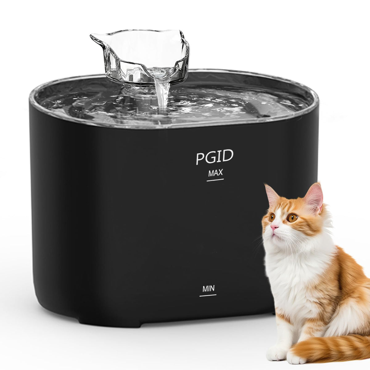 PGID cat fountain displaying water level window for easy monitoring and hydration checks