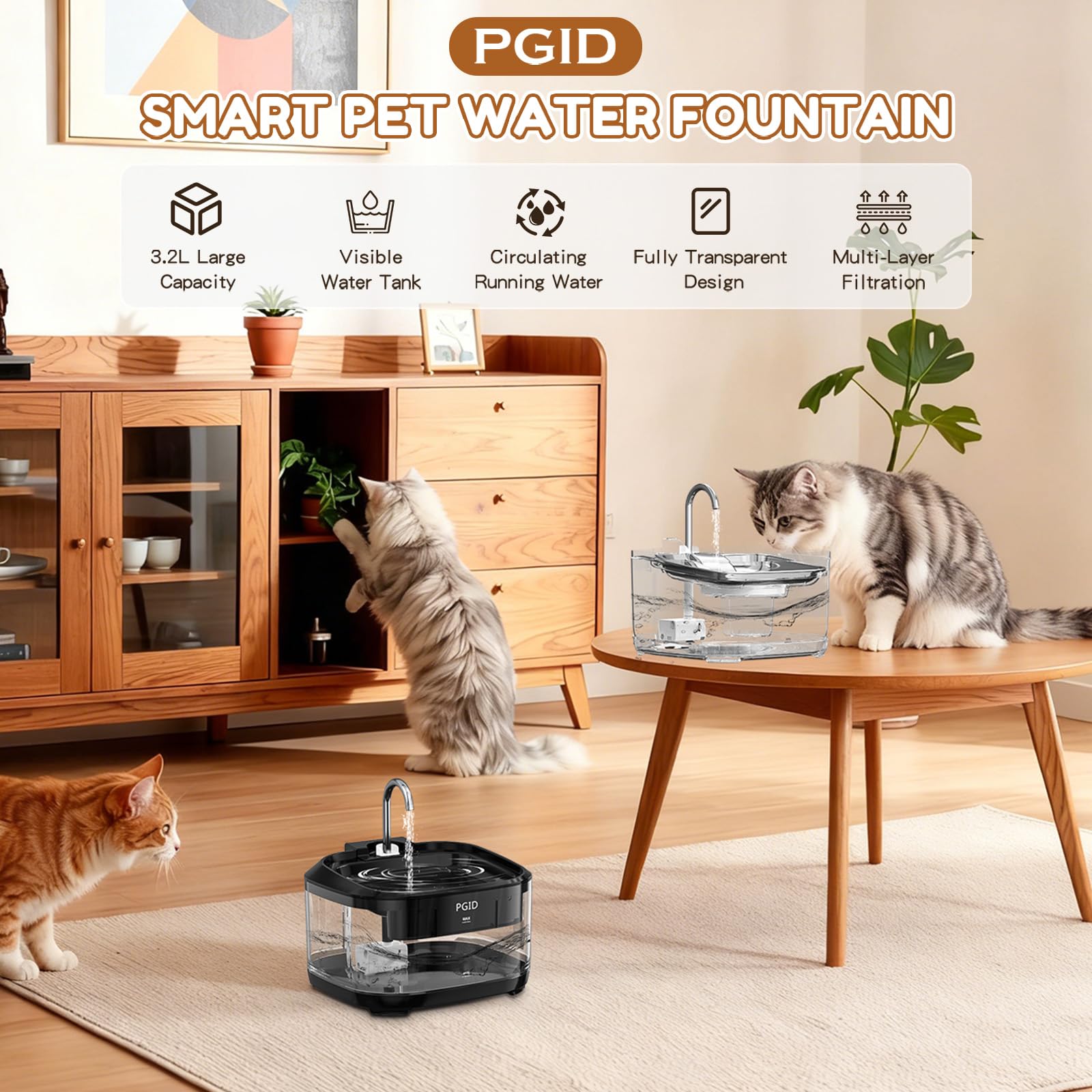 PGID cat water fountain stainless steel tray for durable, easy-clean hydration