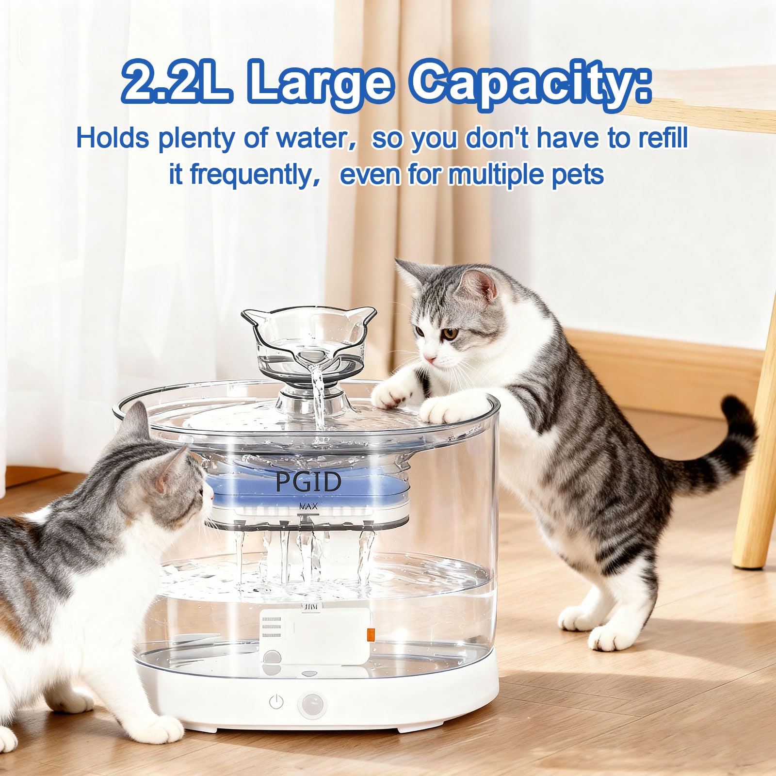 PGID plastic water tank with 5-layer filtration keeps water clean and easy to refresh.