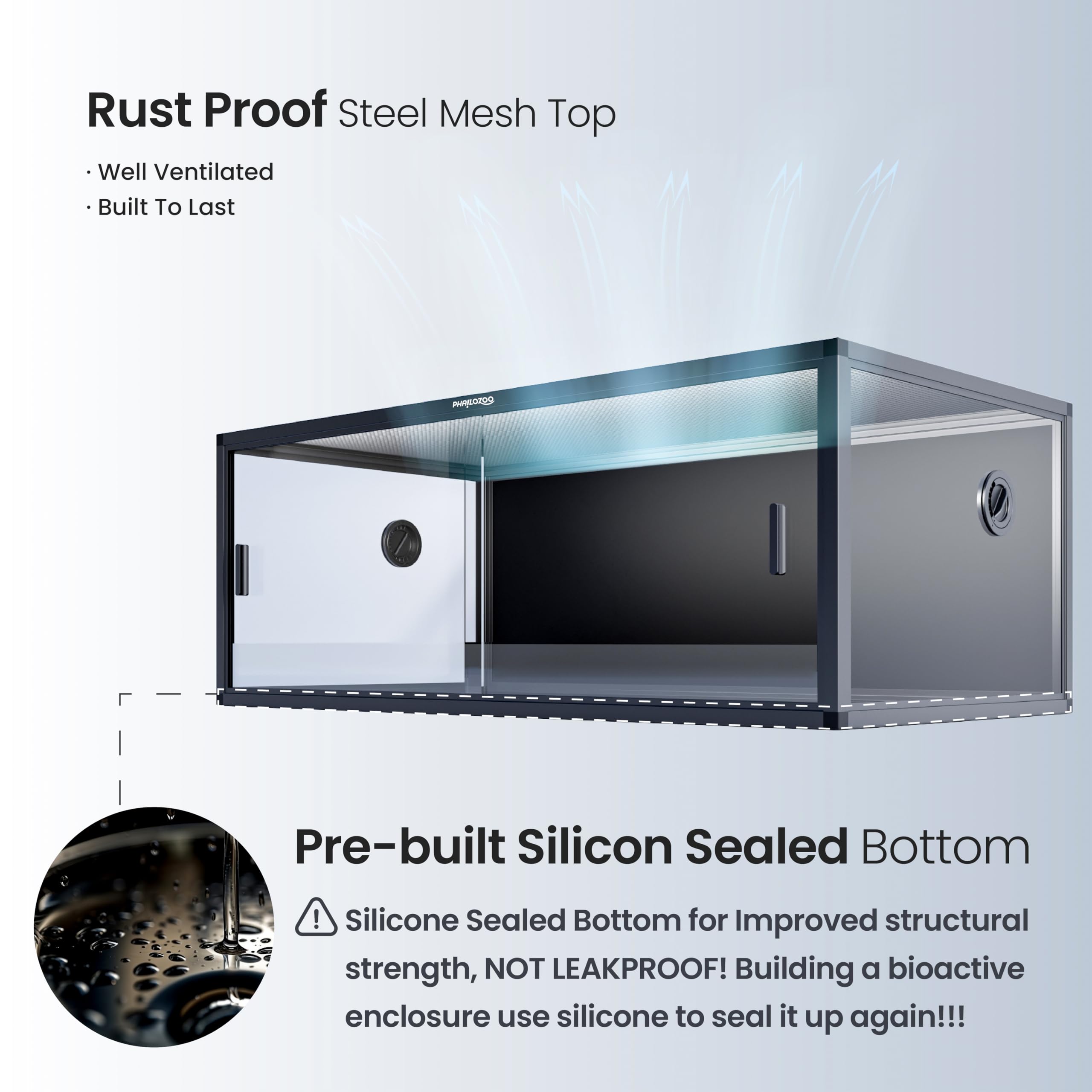 Phailozoo front-opening door handles simplify feeding and maintenance.