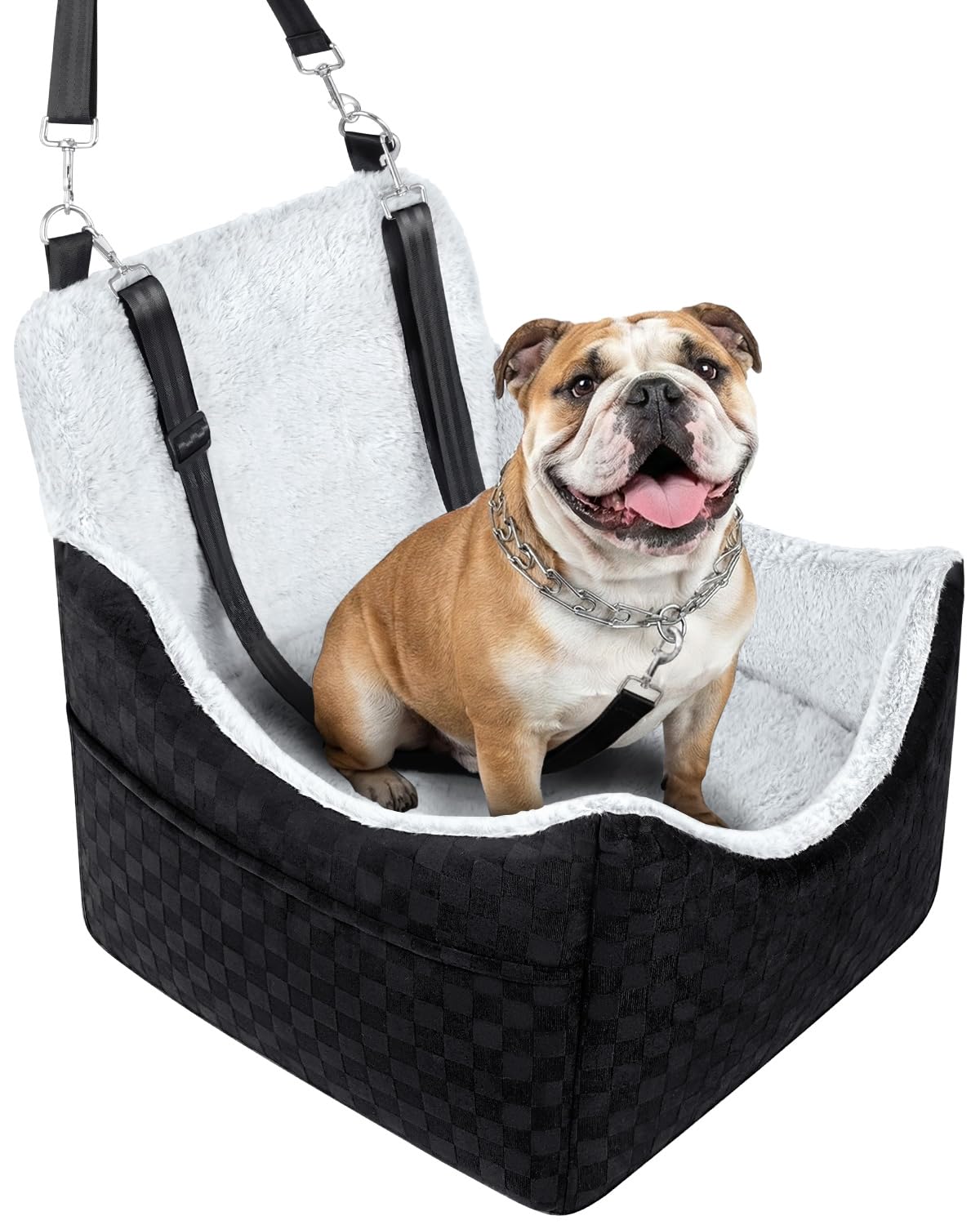 PHCOHIDO dog car seat booster front view with triple-anchor safety for secure travels