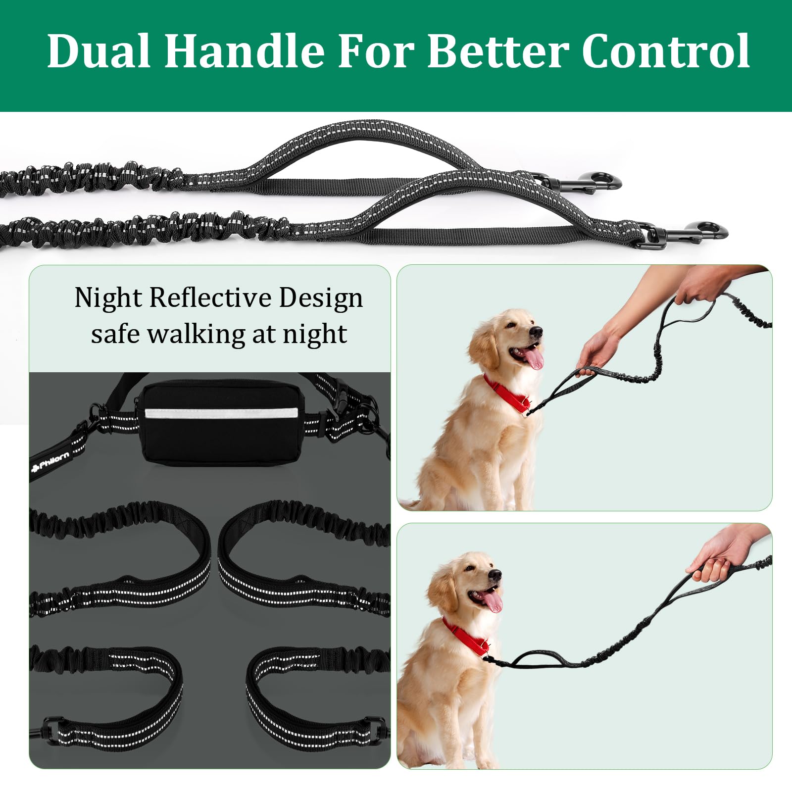 Philorn dog leash features reflective stitching for safer night walks