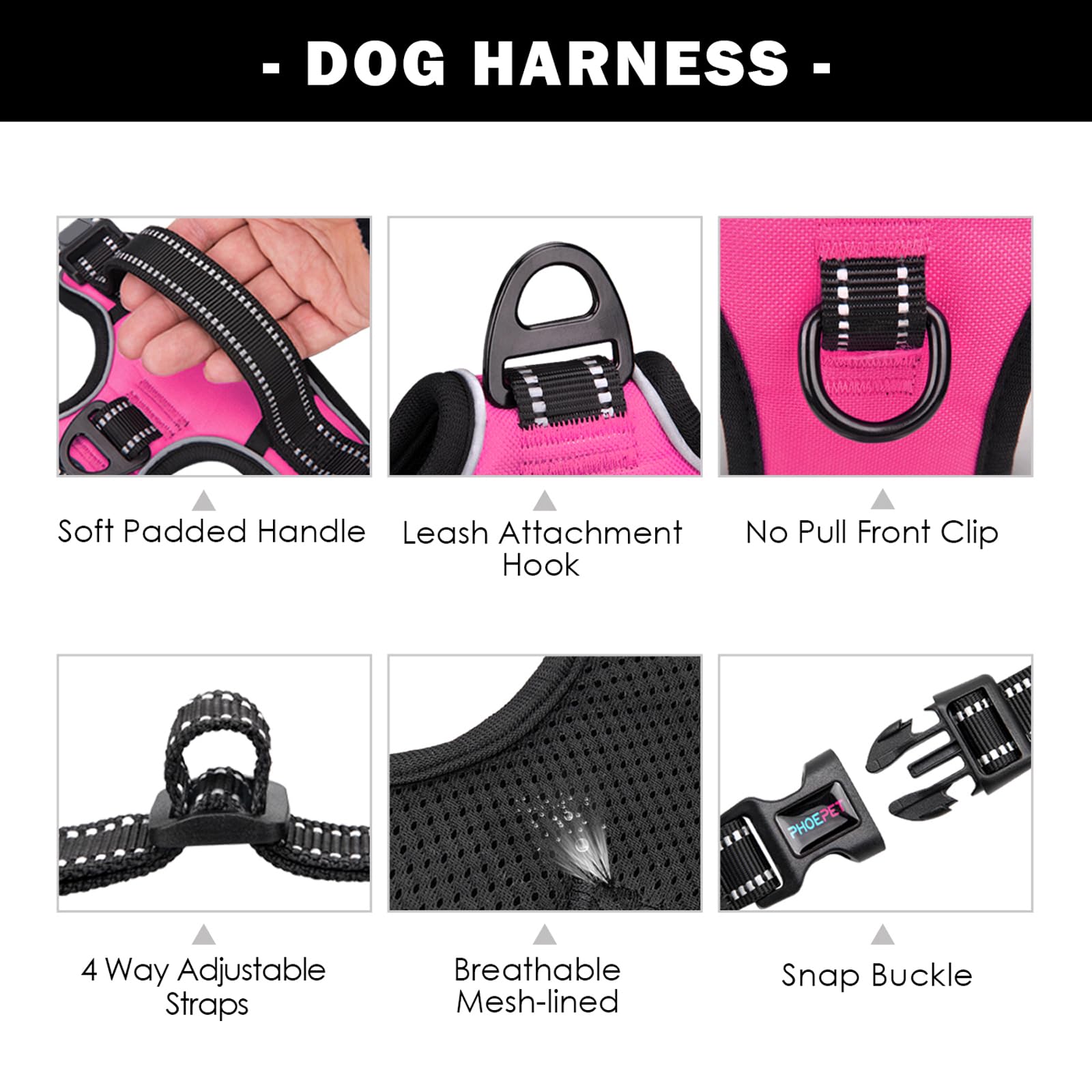 PHOEPET three-buckle design enables quick on/off without head-through.