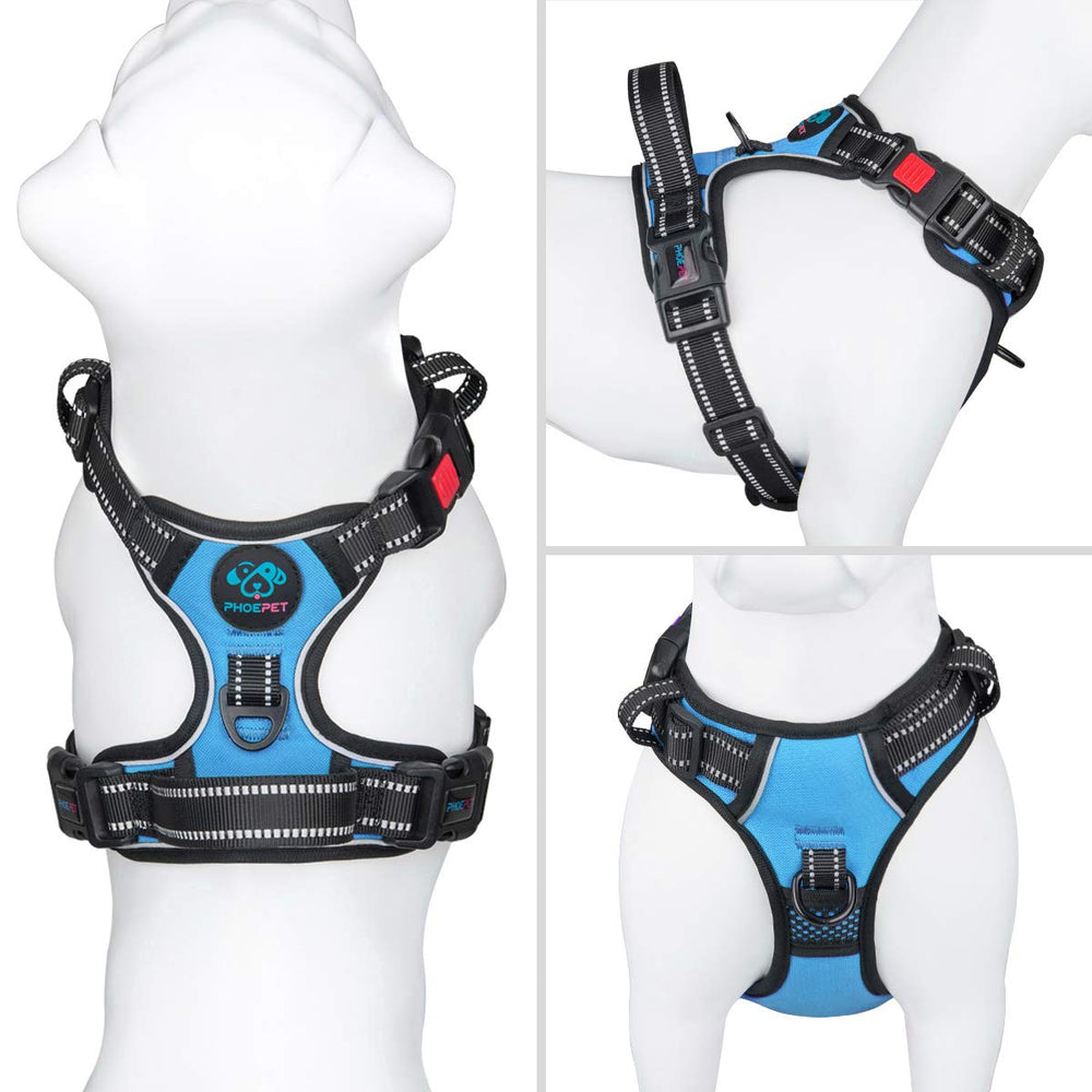PHOEPET front-clip harness blue with chest attachment to reduce pulling.